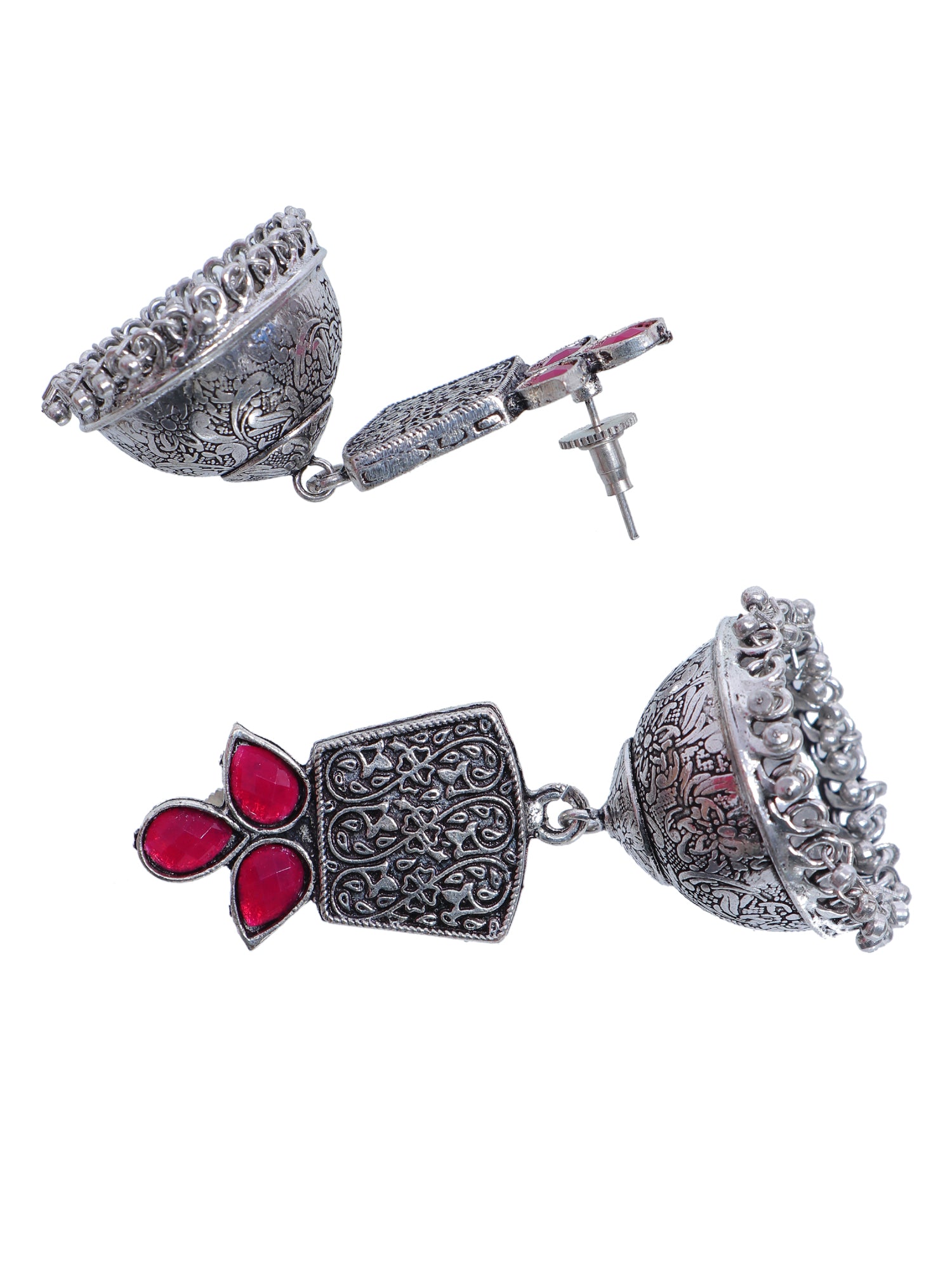 Exquisite Oxidised Silver Tone Red Stone Dome Jhumka Earrings for Wome