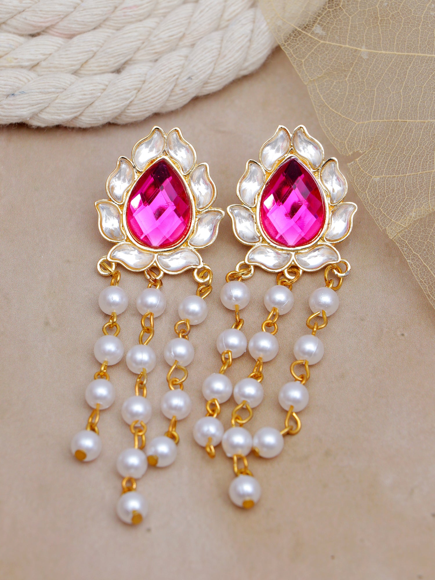 Gold-Plated Long Dangler Kundan Pearl Drop Earrings for Women