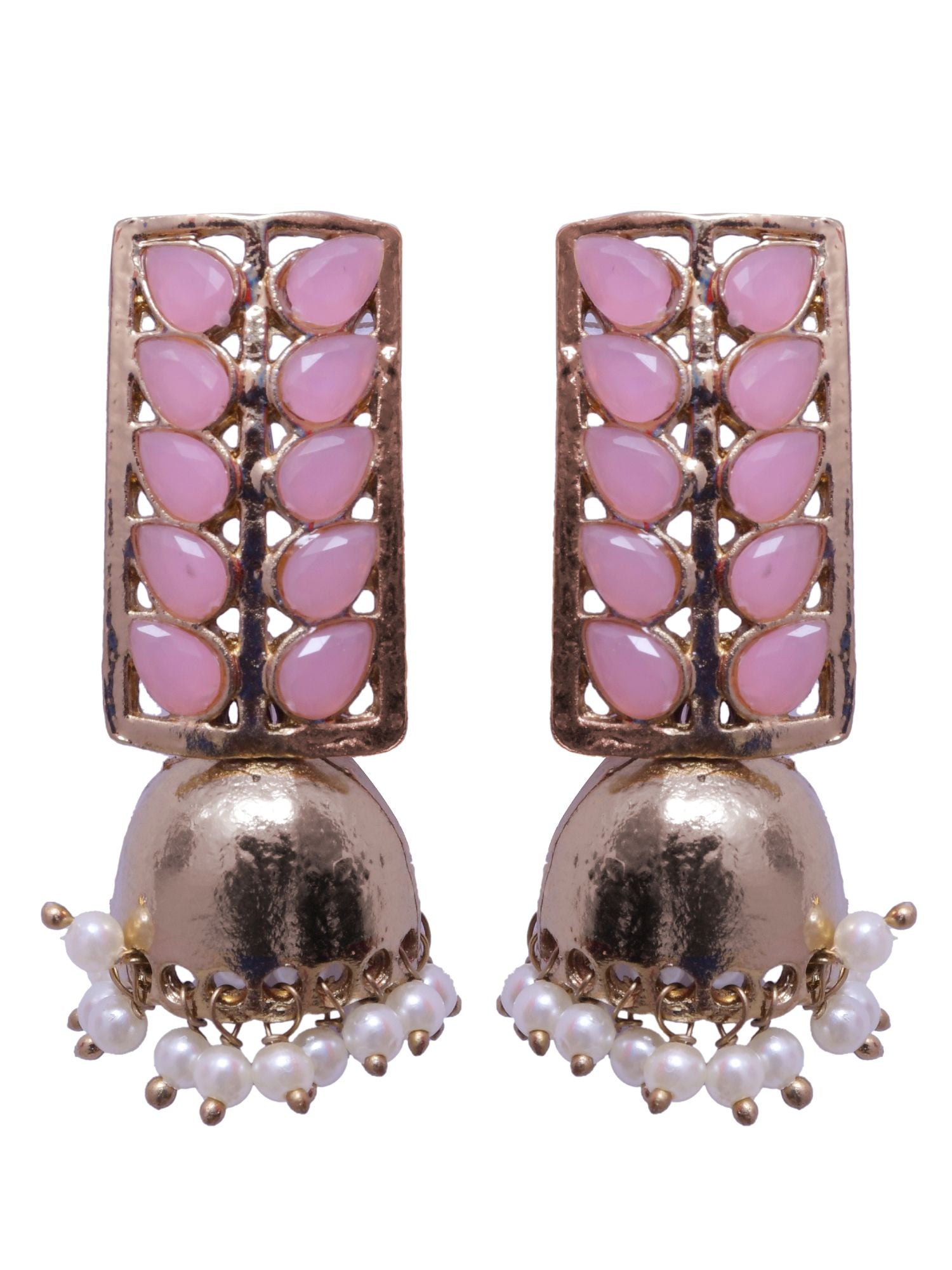 Gold-Plated Pink Stone Leaf Jhumka Earrings