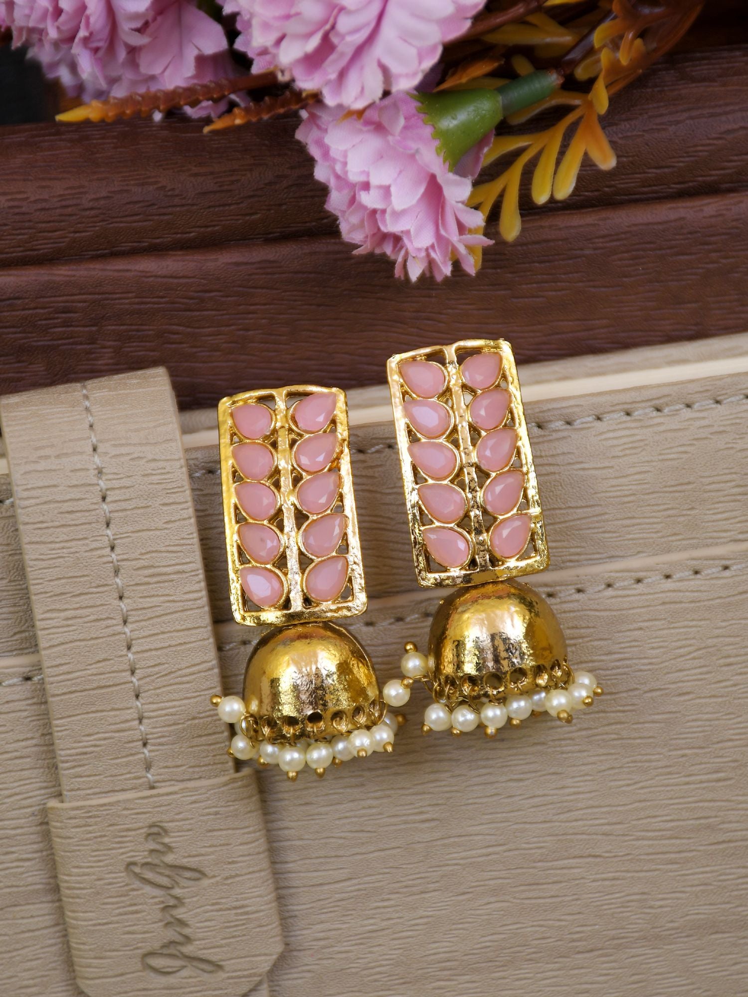 Gold-Plated Pink Stone Leaf Jhumka Earrings