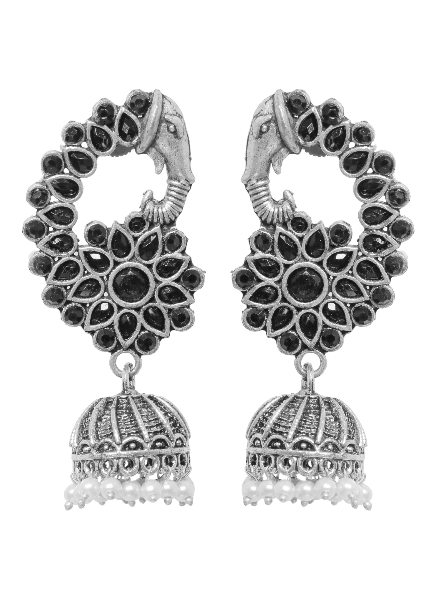 Handcrafted Indian Oxidized Silver Elephant Beaded Jhumka Earrings