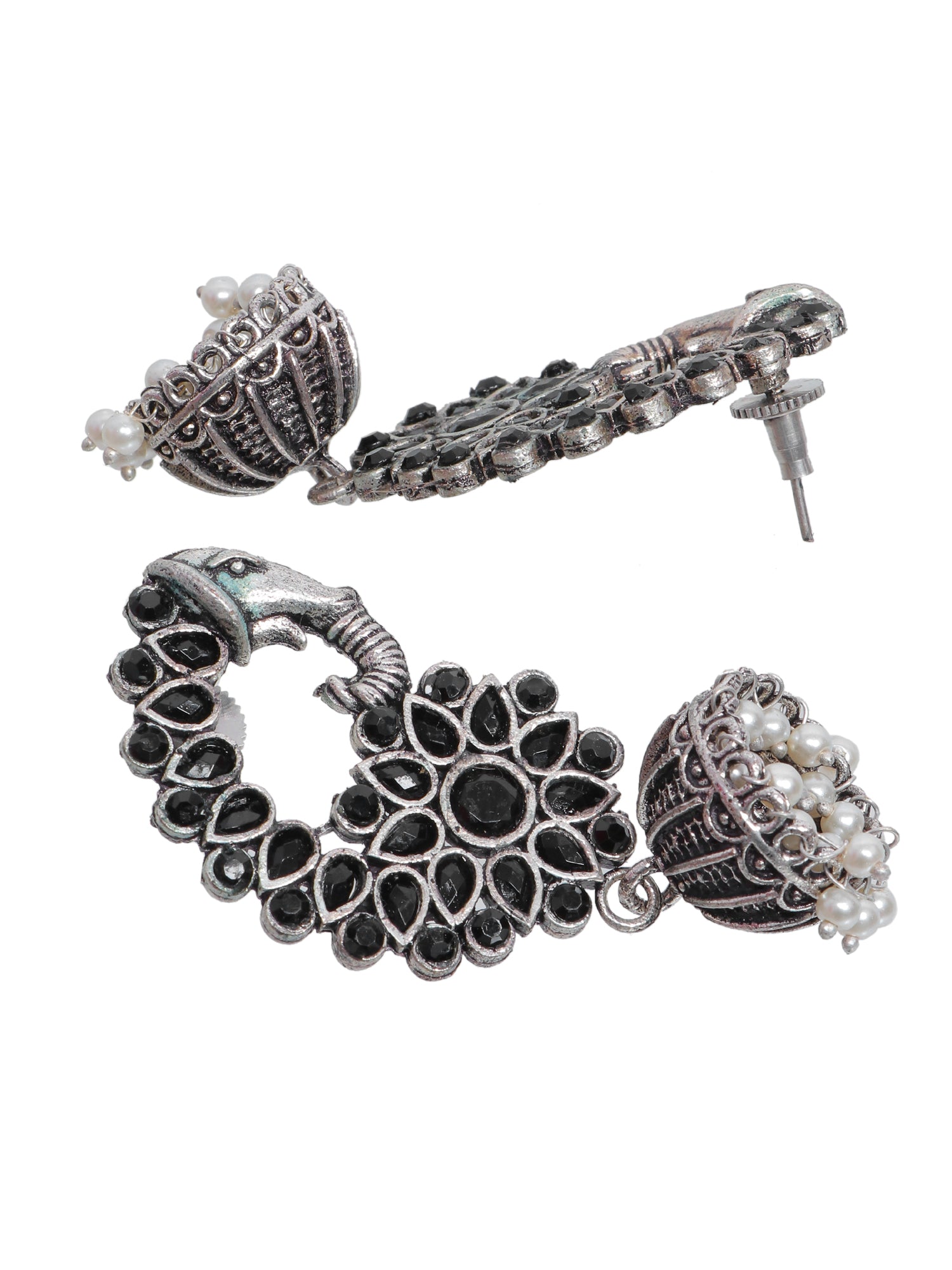 Handcrafted Indian Oxidized Silver Elephant Beaded Jhumka Earrings