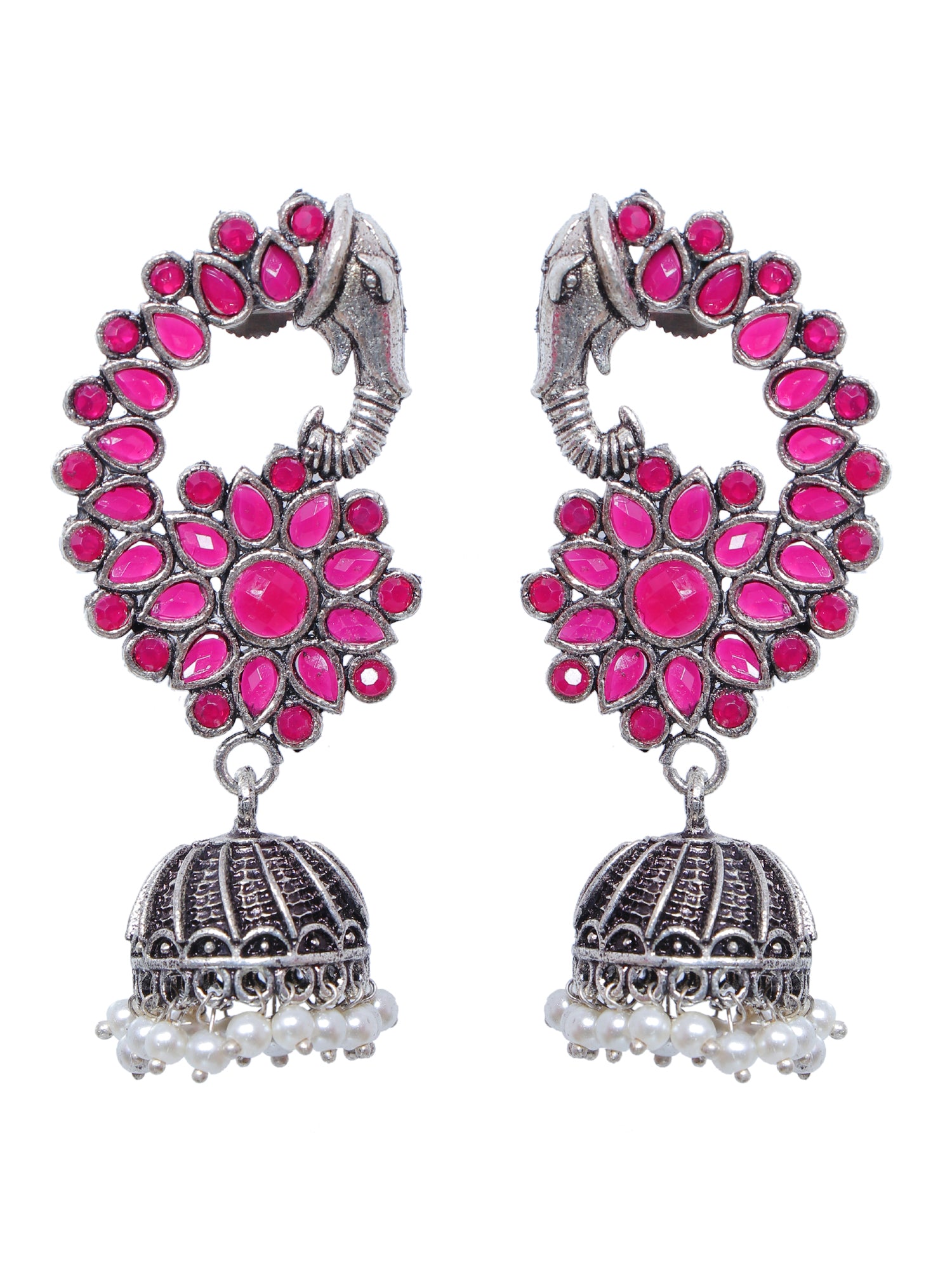 Handcrafted Indian Oxidized Silver Elephant Beaded Jhumka Earrings