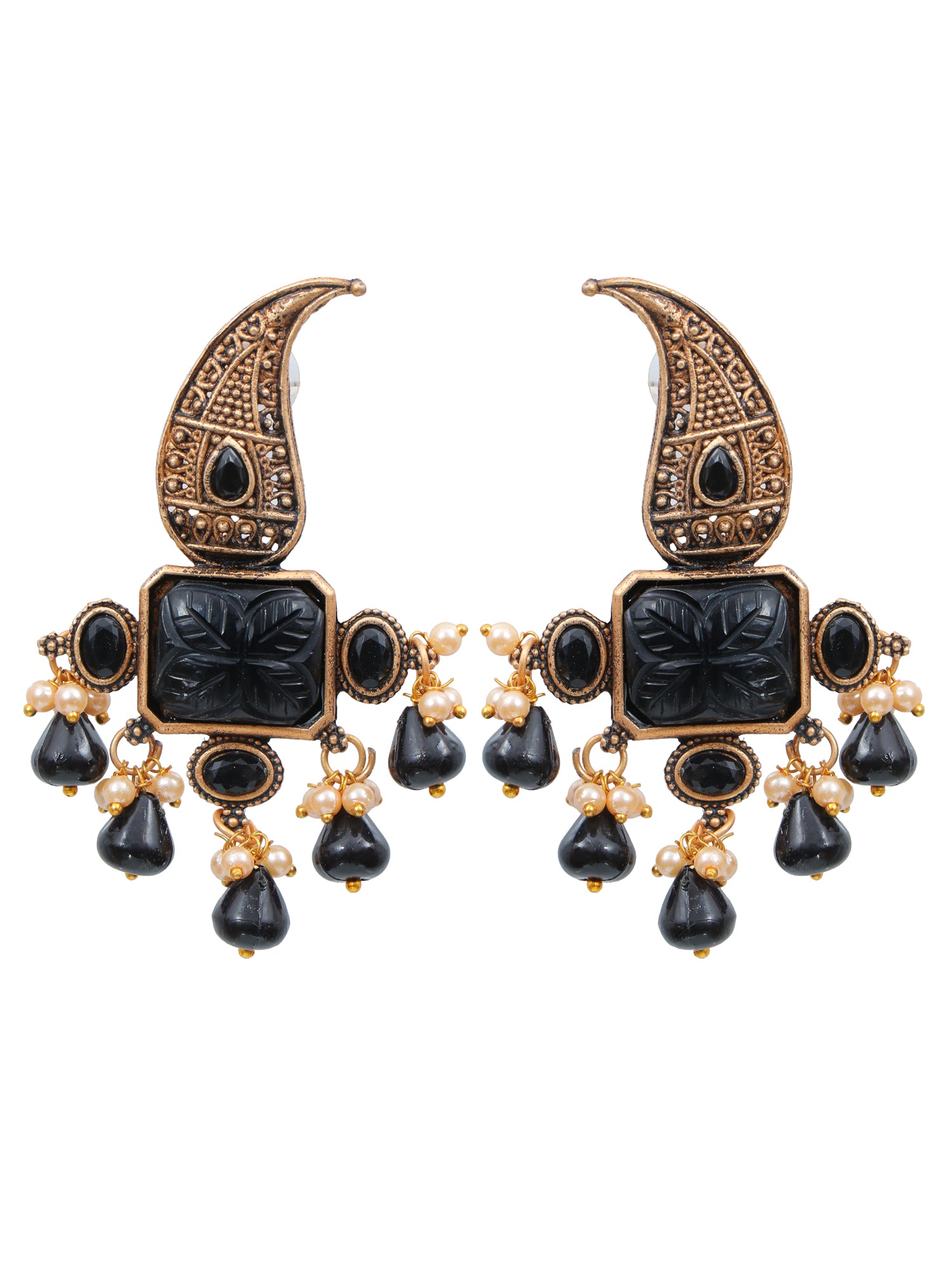 Black Pearls Oxidized Gold Dangle Earrings