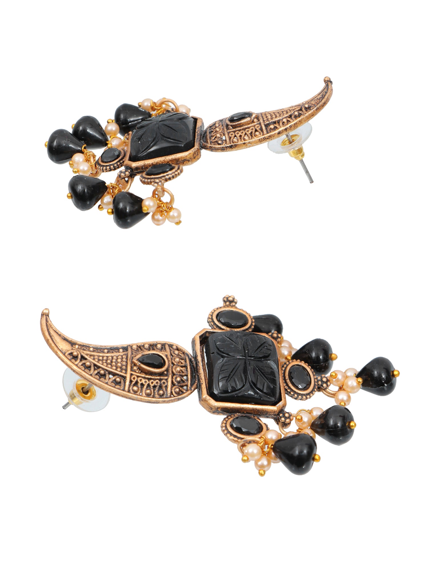 Black Pearls Oxidized Gold Dangle Earrings