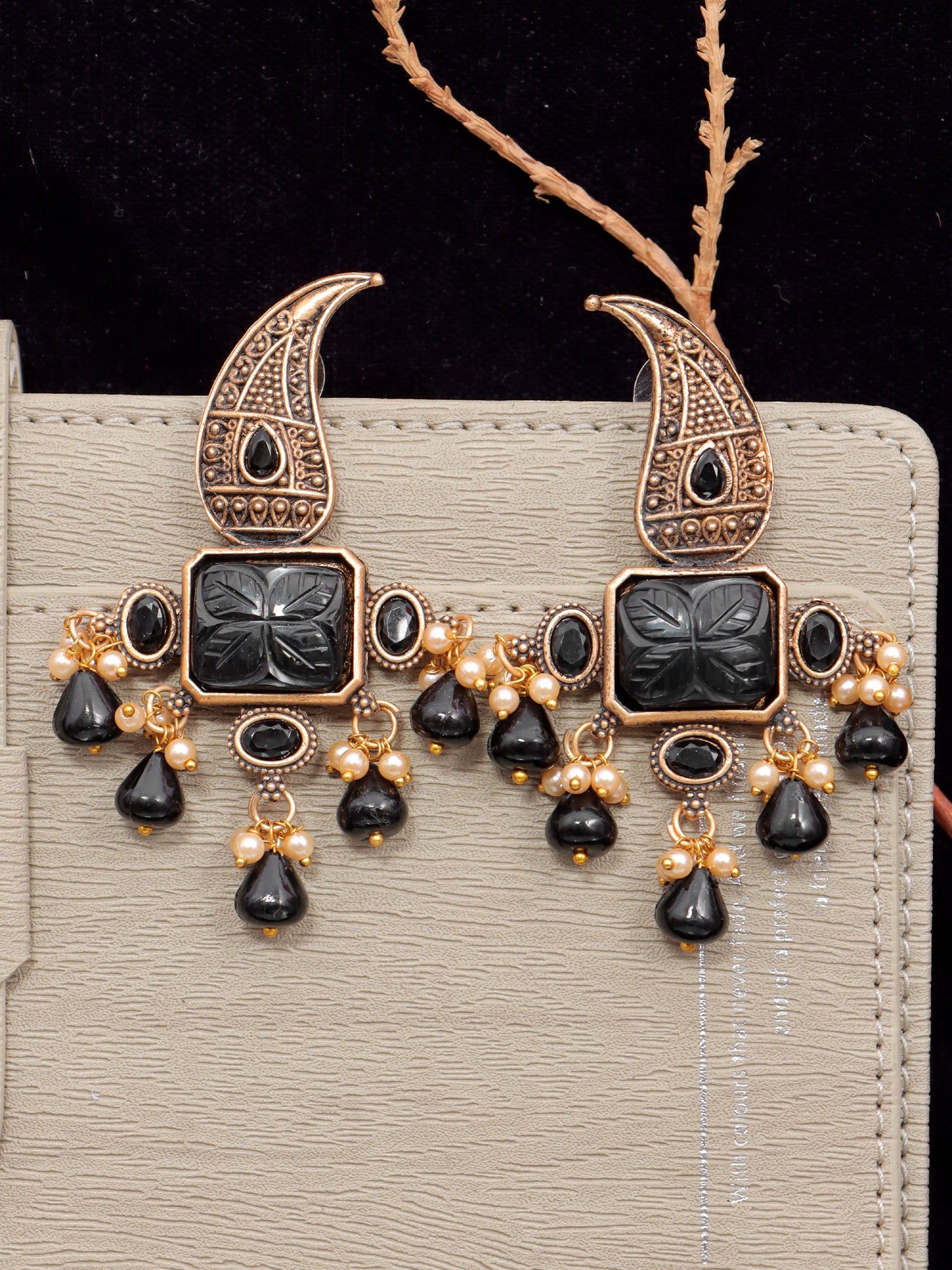 Black Pearls Oxidized Gold Dangle Earrings