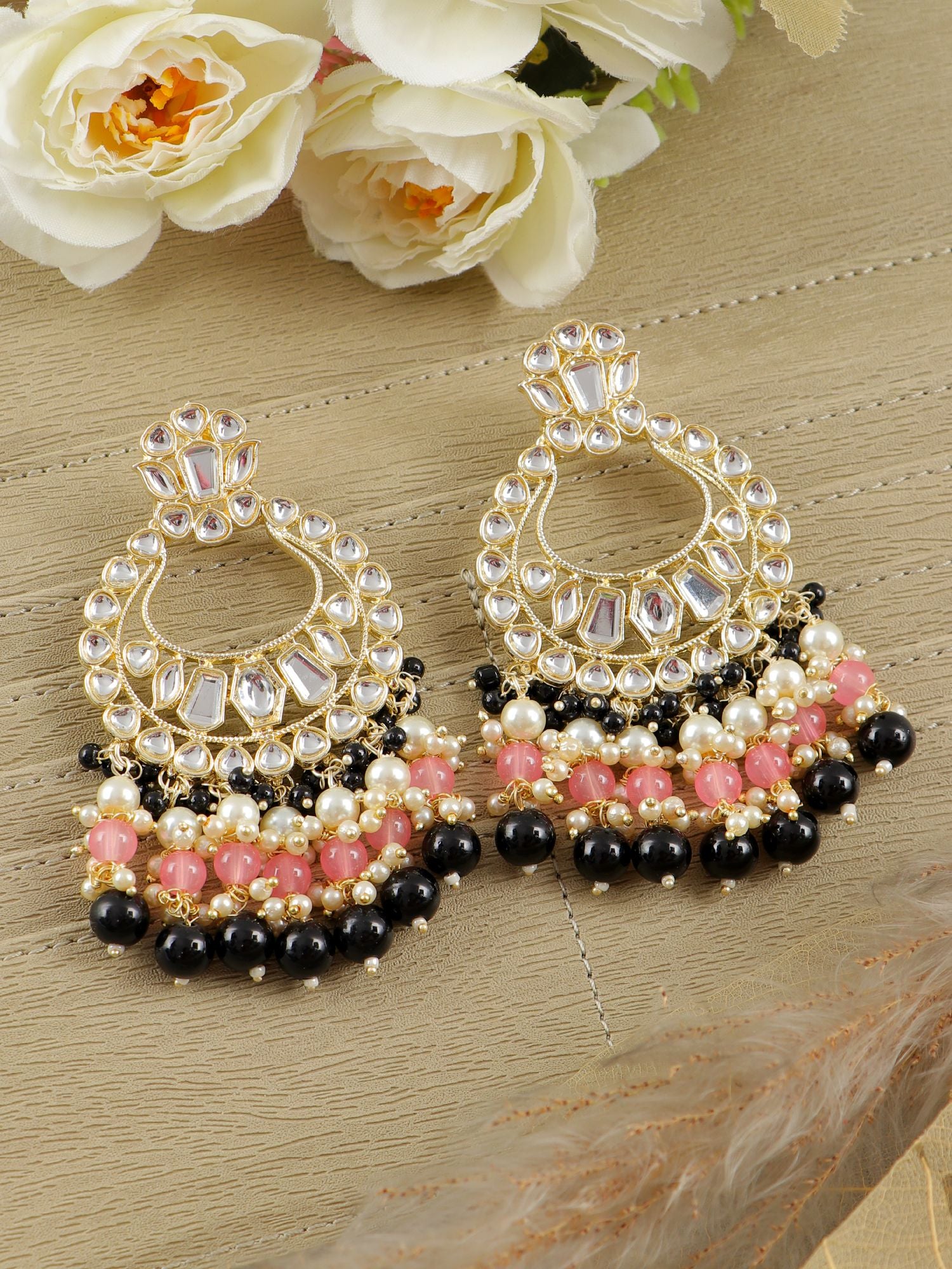 Party Wear Black & Pink Pearl Danglers