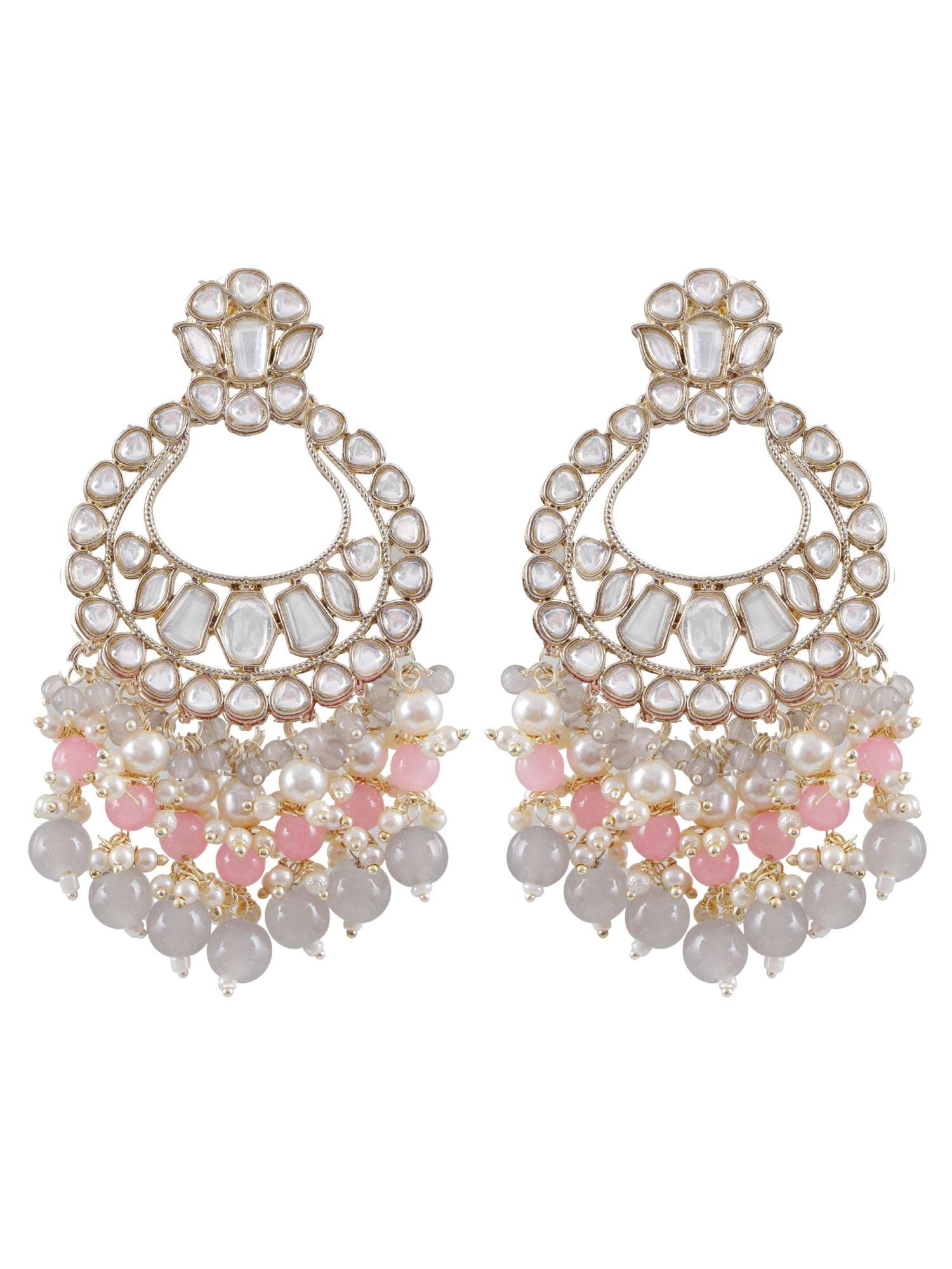 Grey Pink Pearls Kundan Chaandbaali Earrings for wedding/Party Wear