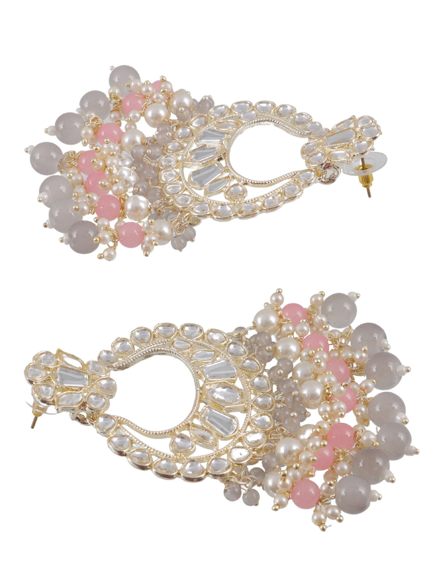 Grey Pink Pearls Kundan Chaandbaali Earrings for wedding/Party Wear