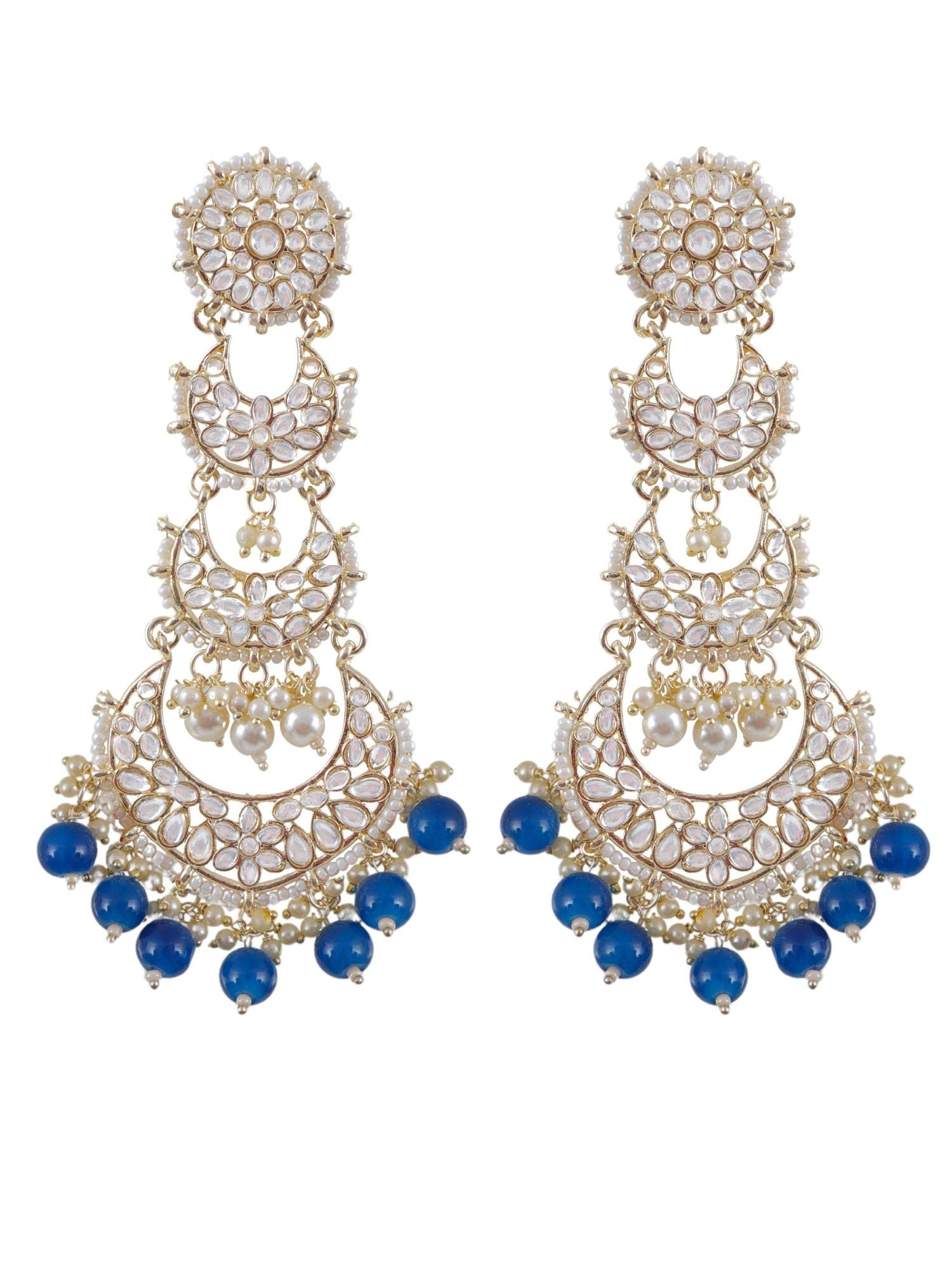 Blue Pearls Long Danglers for Women - Alloy Gold Earrings