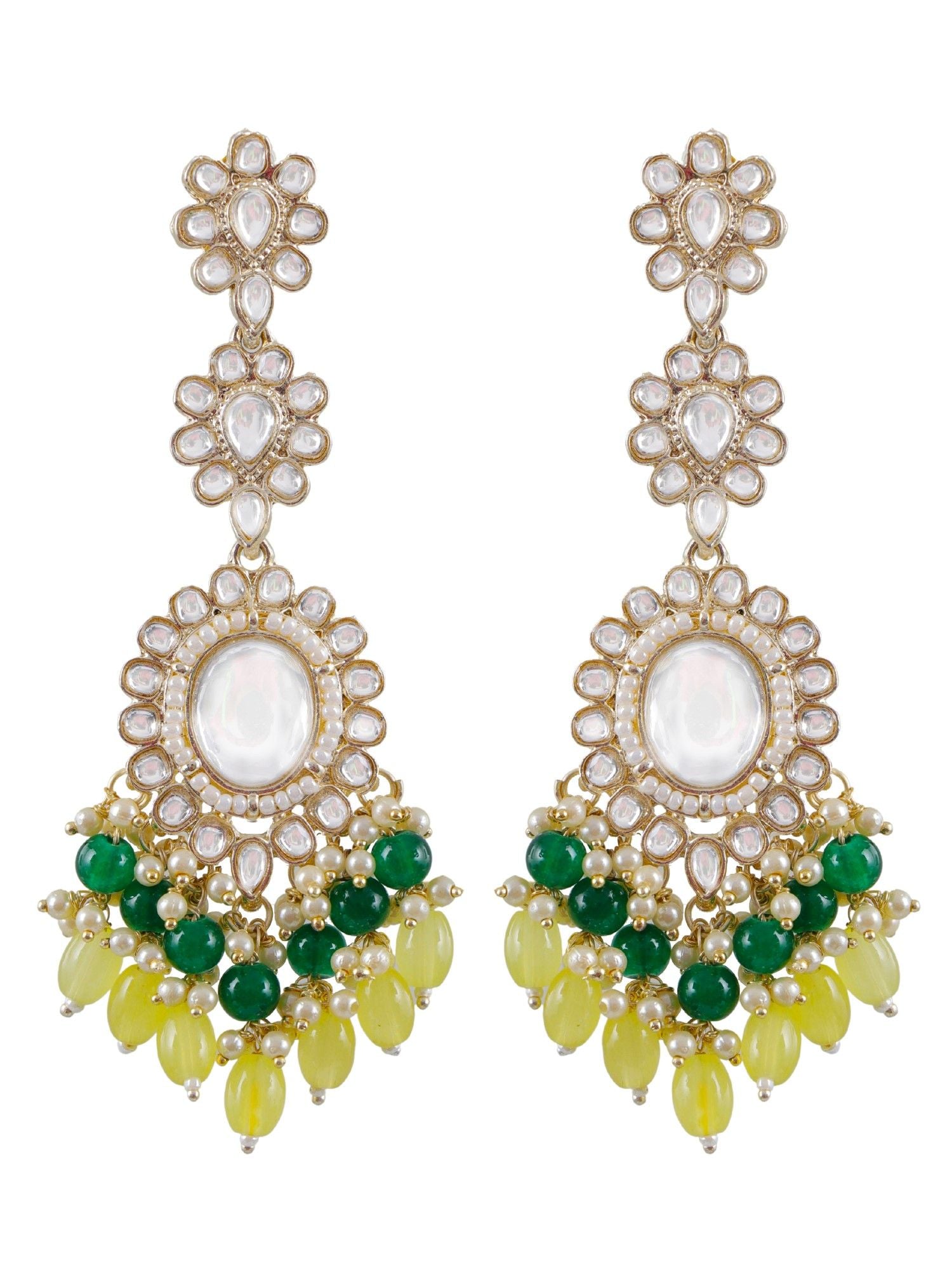 Yellow-Green Kundan Studded Dangler Earrings for Women & Girls