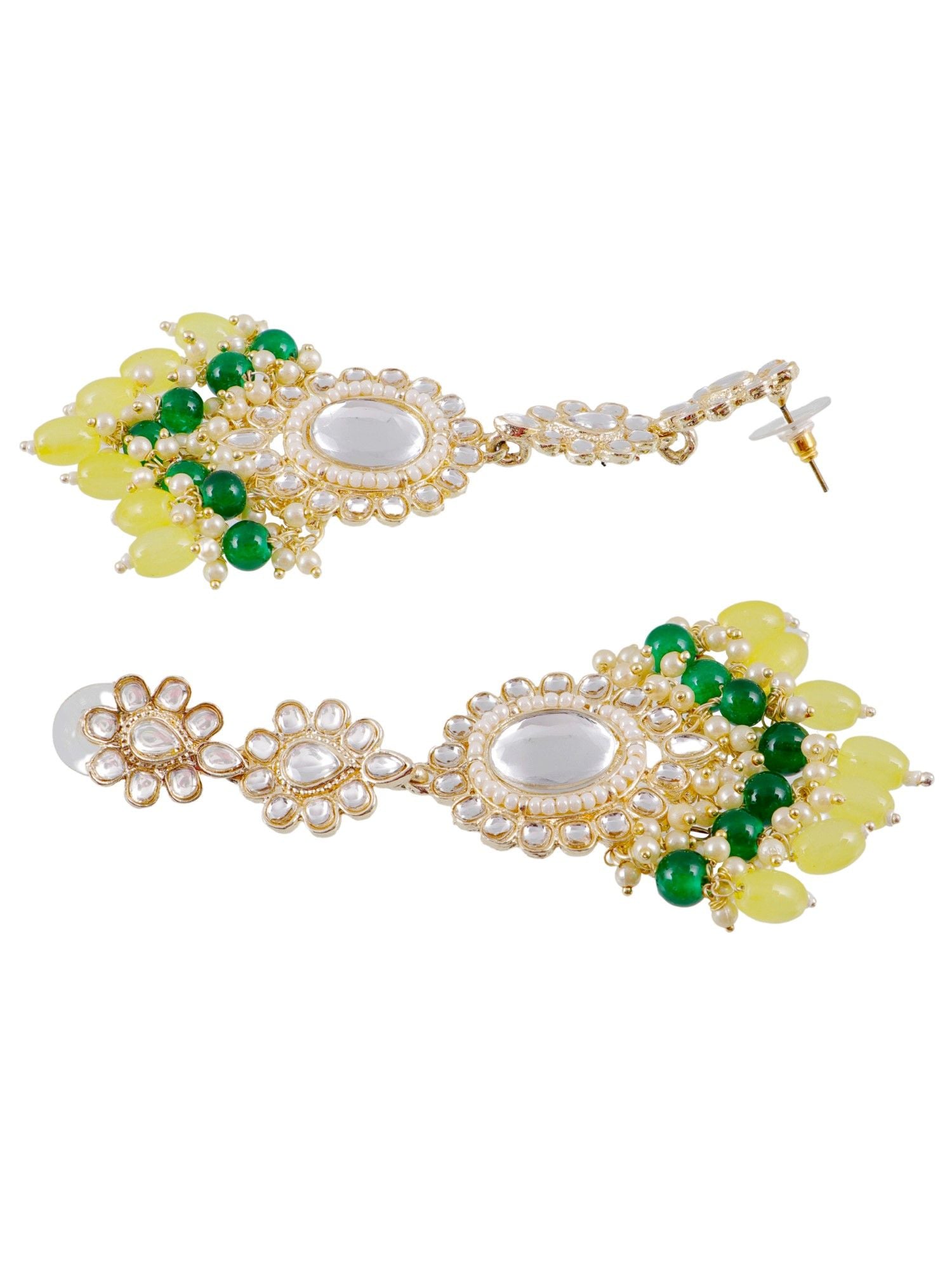 Yellow-Green Kundan Studded Dangler Earrings for Women & Girls