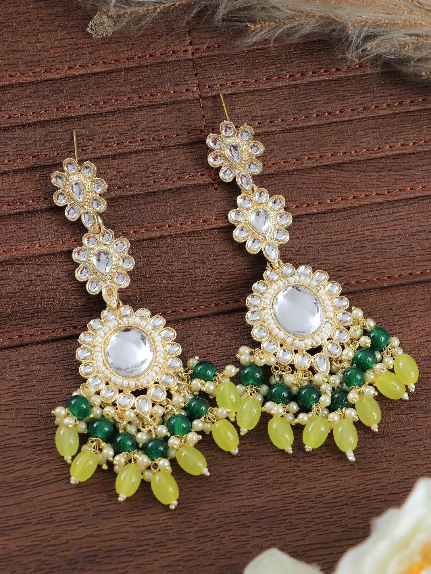 Yellow-Green Kundan Studded Dangler Earrings for Women & Girls