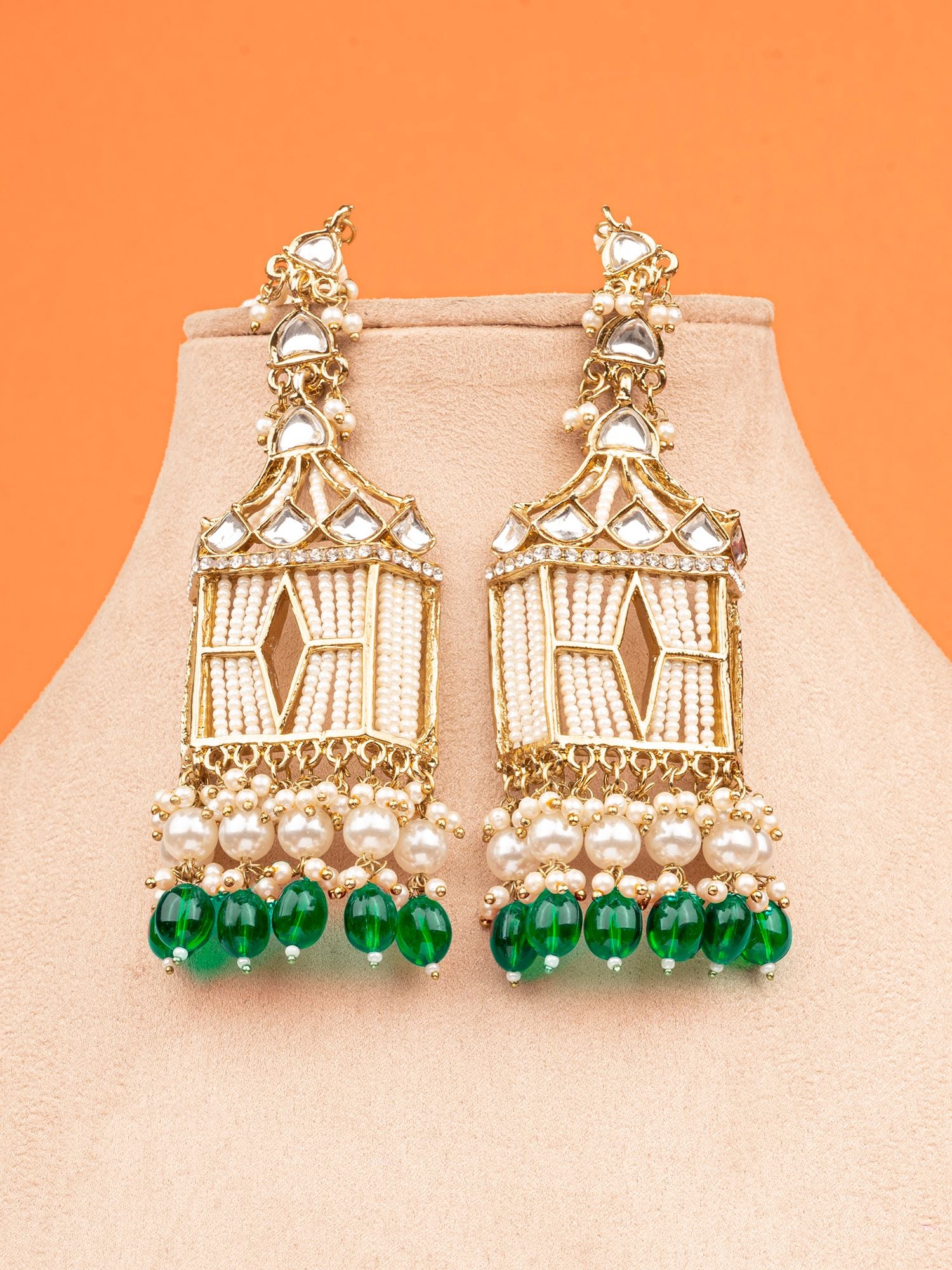 Stylish Green Pearl Drops Doli-Palki Kundan Earrings With Ear Chain