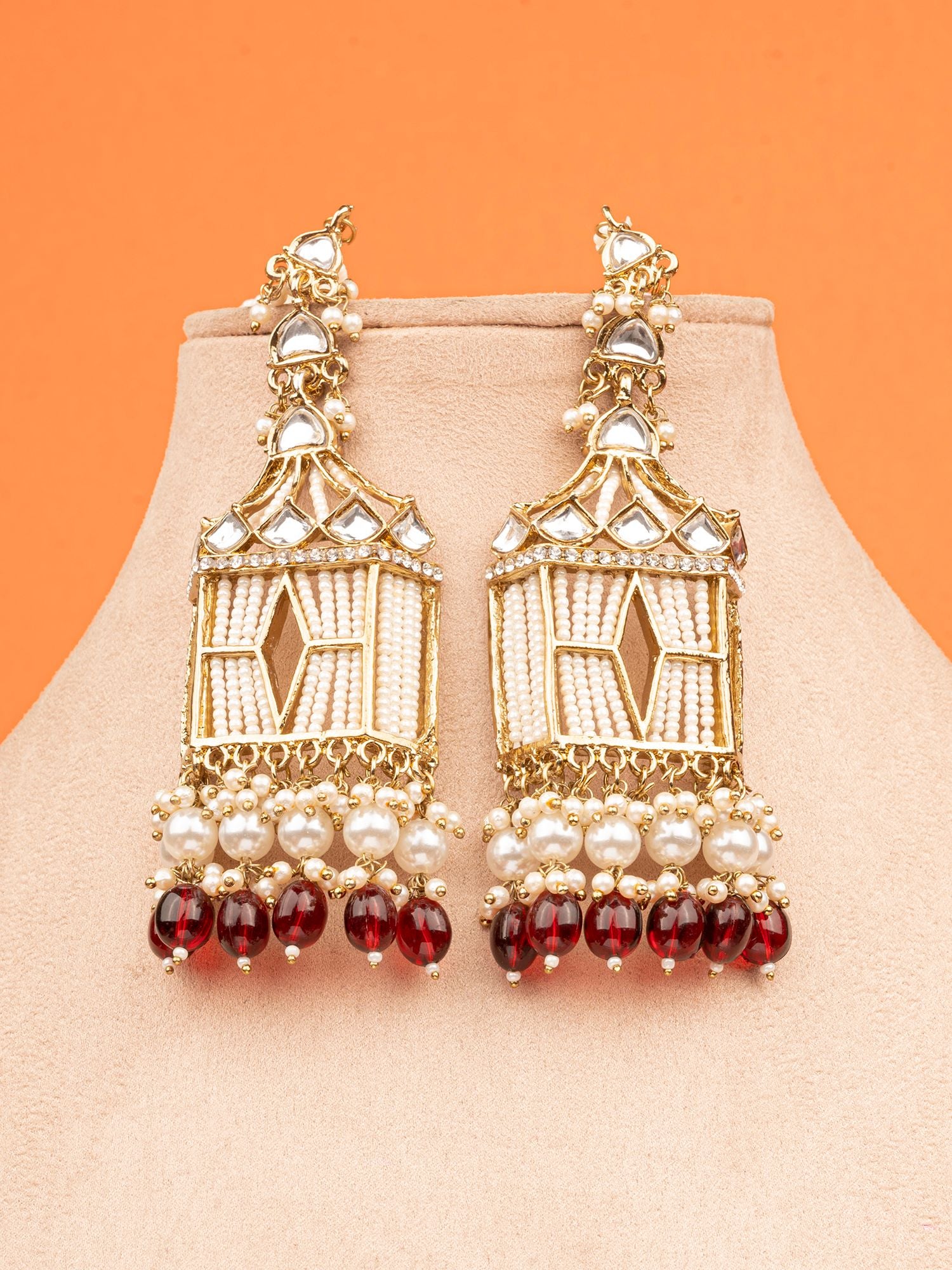 Kundan Earrings With Ear Chain, Maroon Ethnic Jhumka Drop Pearl Jewellery