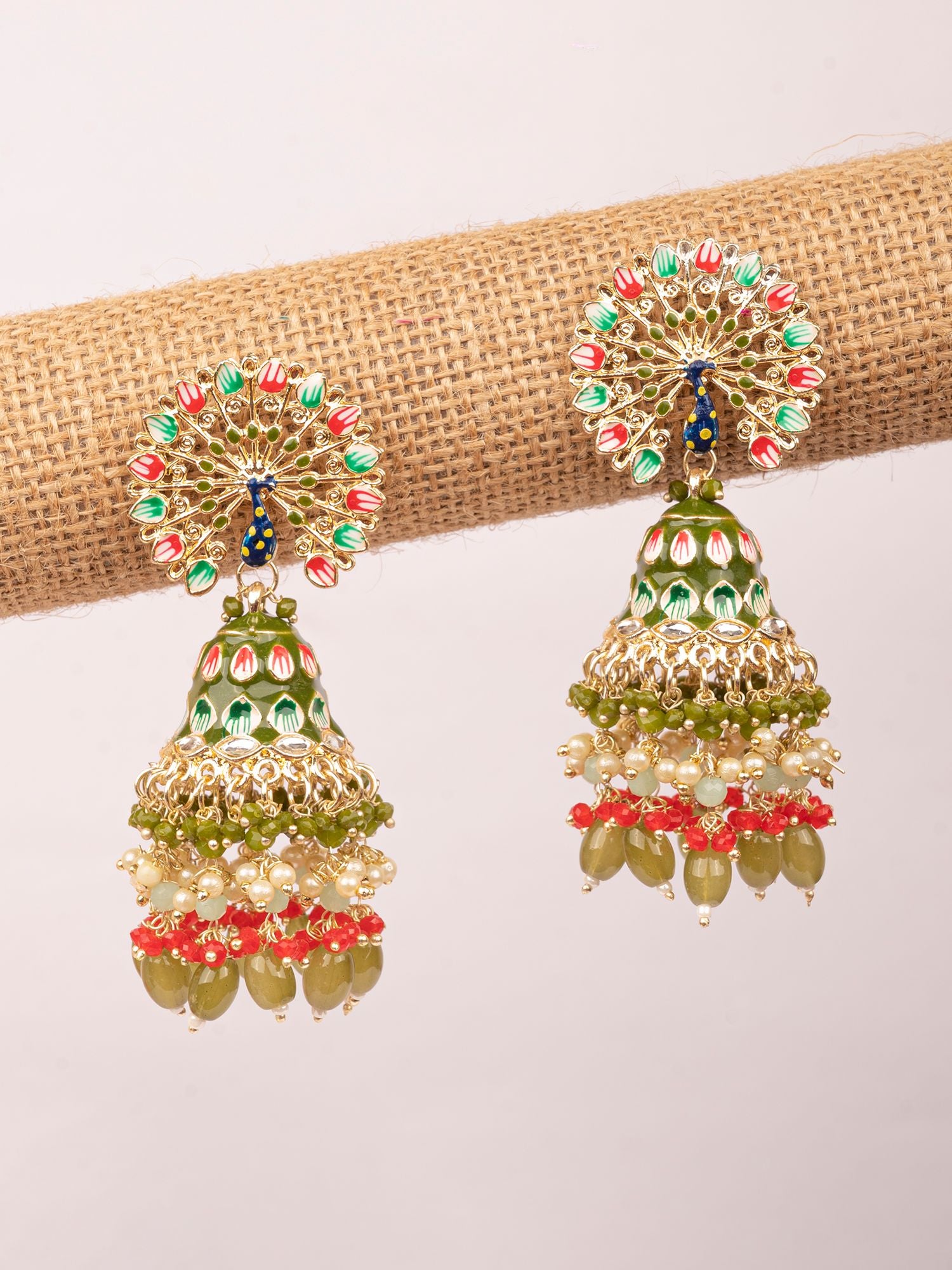 Luxurious Green Meenakari Peacock Jhumka Earrings for Girls & Women