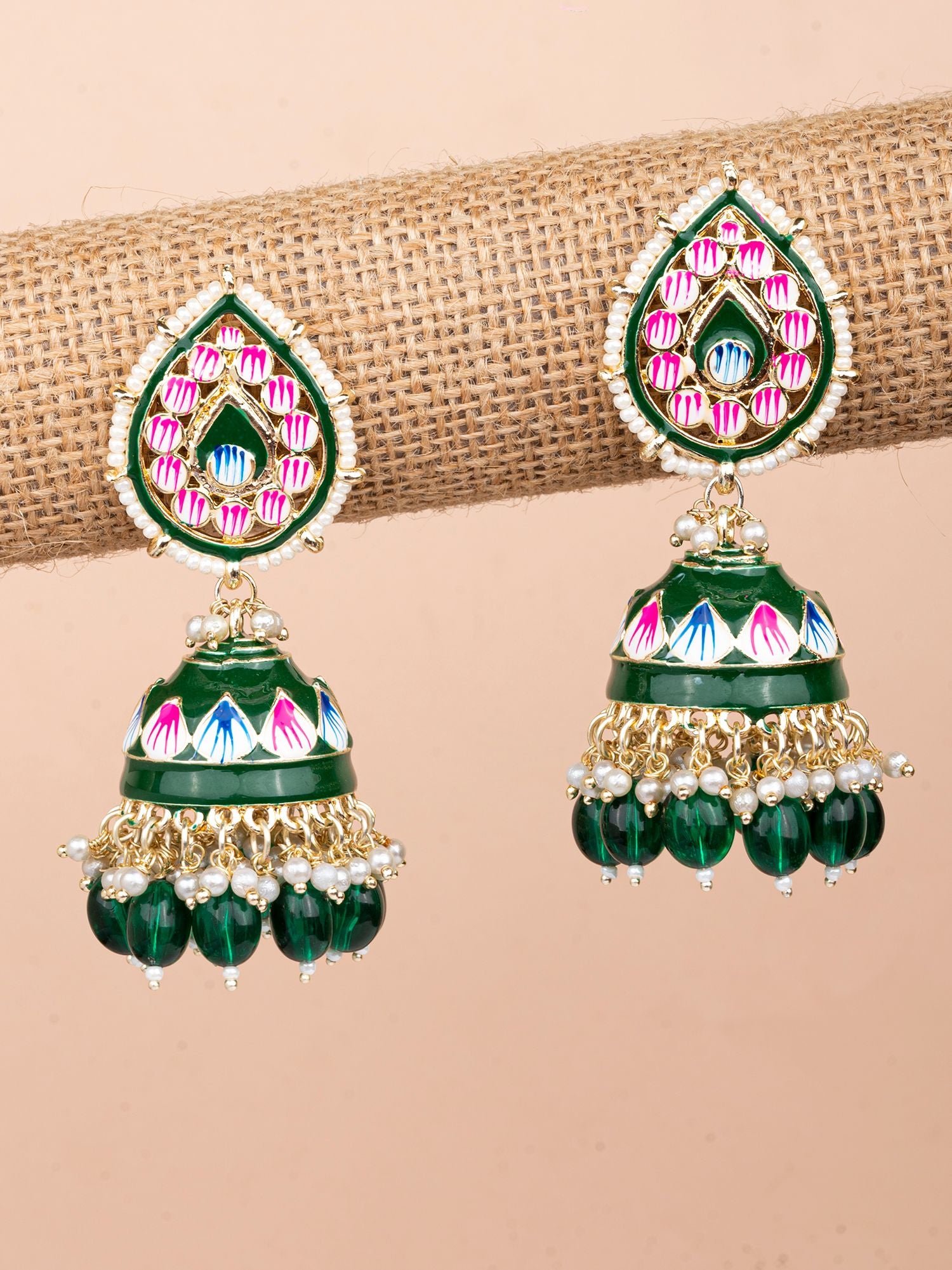 Ethnic Meenakari Jhumka, Green Traditional Earrings with Moti Work & Pearl Jewellery