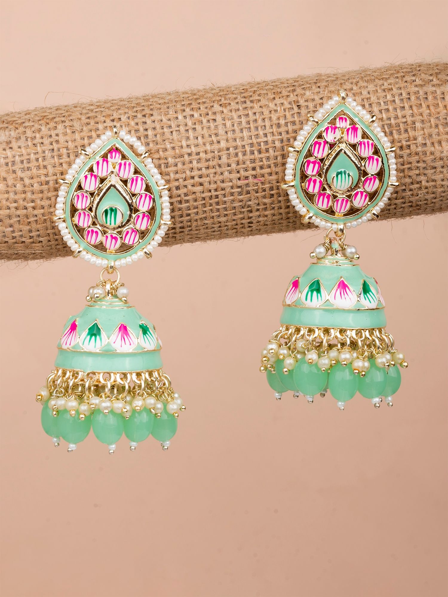 Party Ready Light Green Meenakari Jhumka: Ethnic Drop Earrings with Moti Work