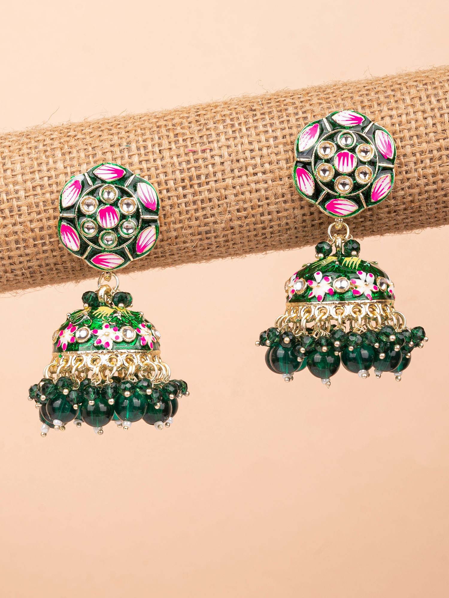 Green Meenakari  Jhumka Earrings For Festivals & Parties