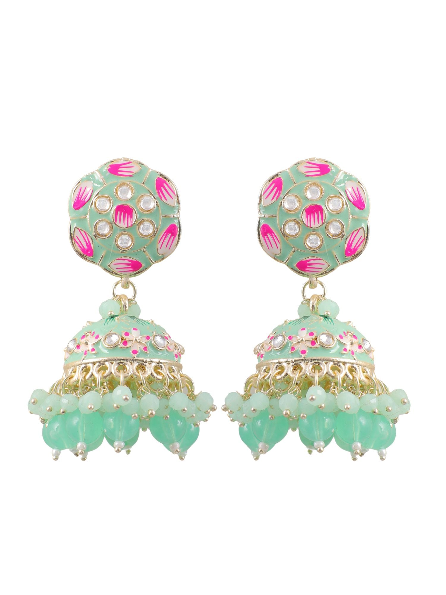 Stylish Mint Green Meenakari Jhumka Earrings For Women & Girls