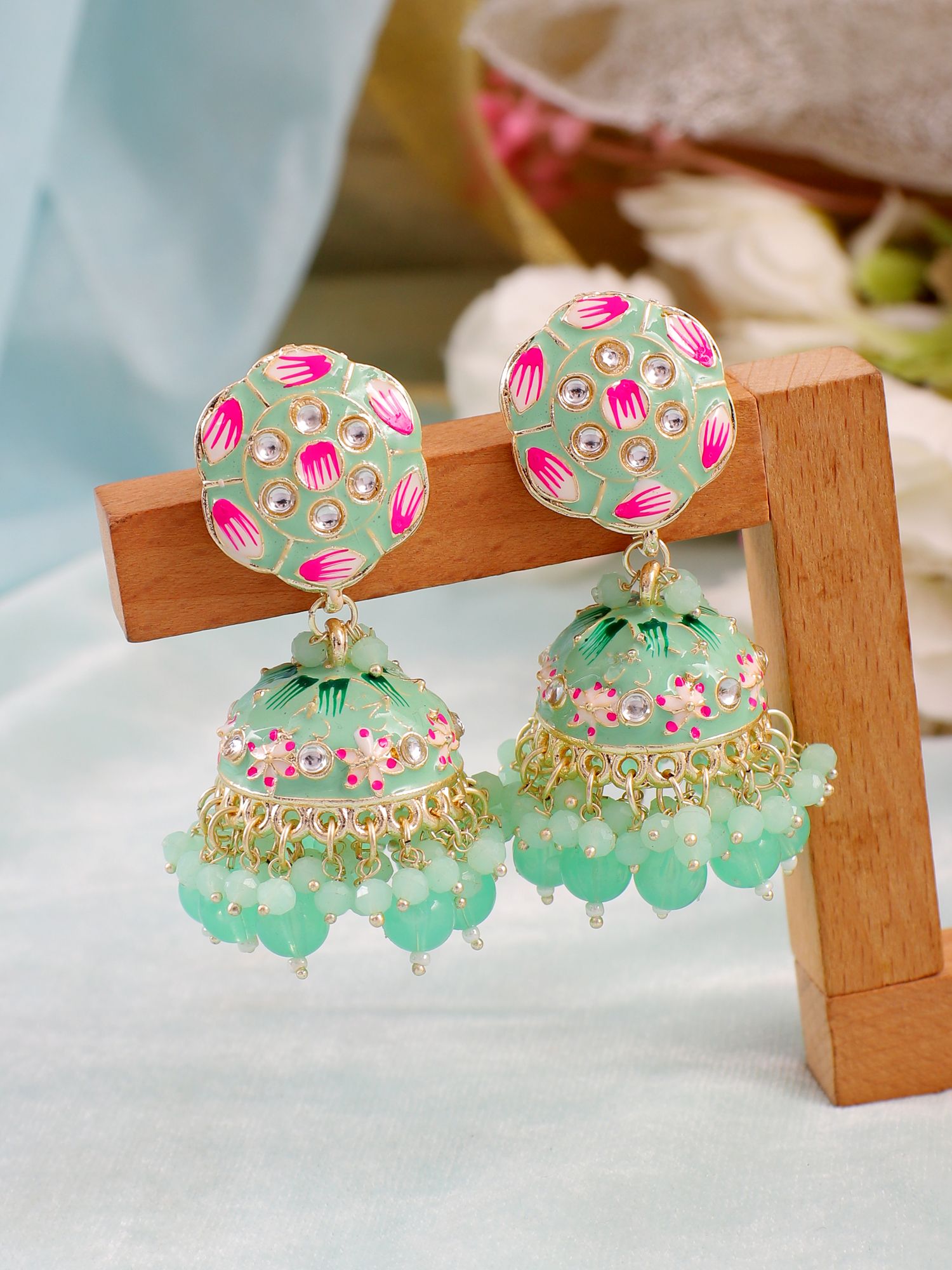 Stylish Mint Green Meenakari Jhumka Earrings For Women & Girls