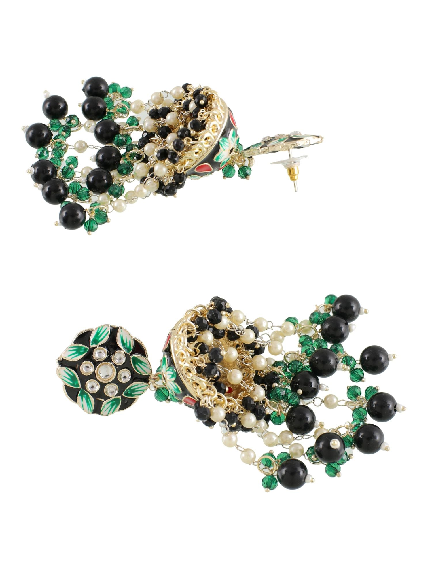 Elegant Green Floral Meenakari Jhumka Earrings with Pearls for Women