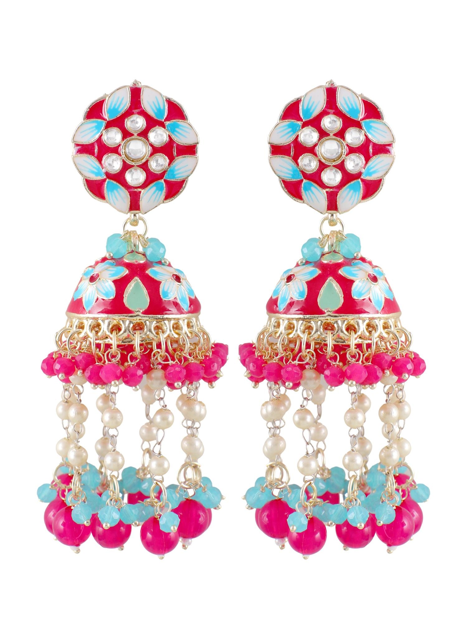Hot Pink/Magenta Floral Meenakari Jhumka Earrings for Her