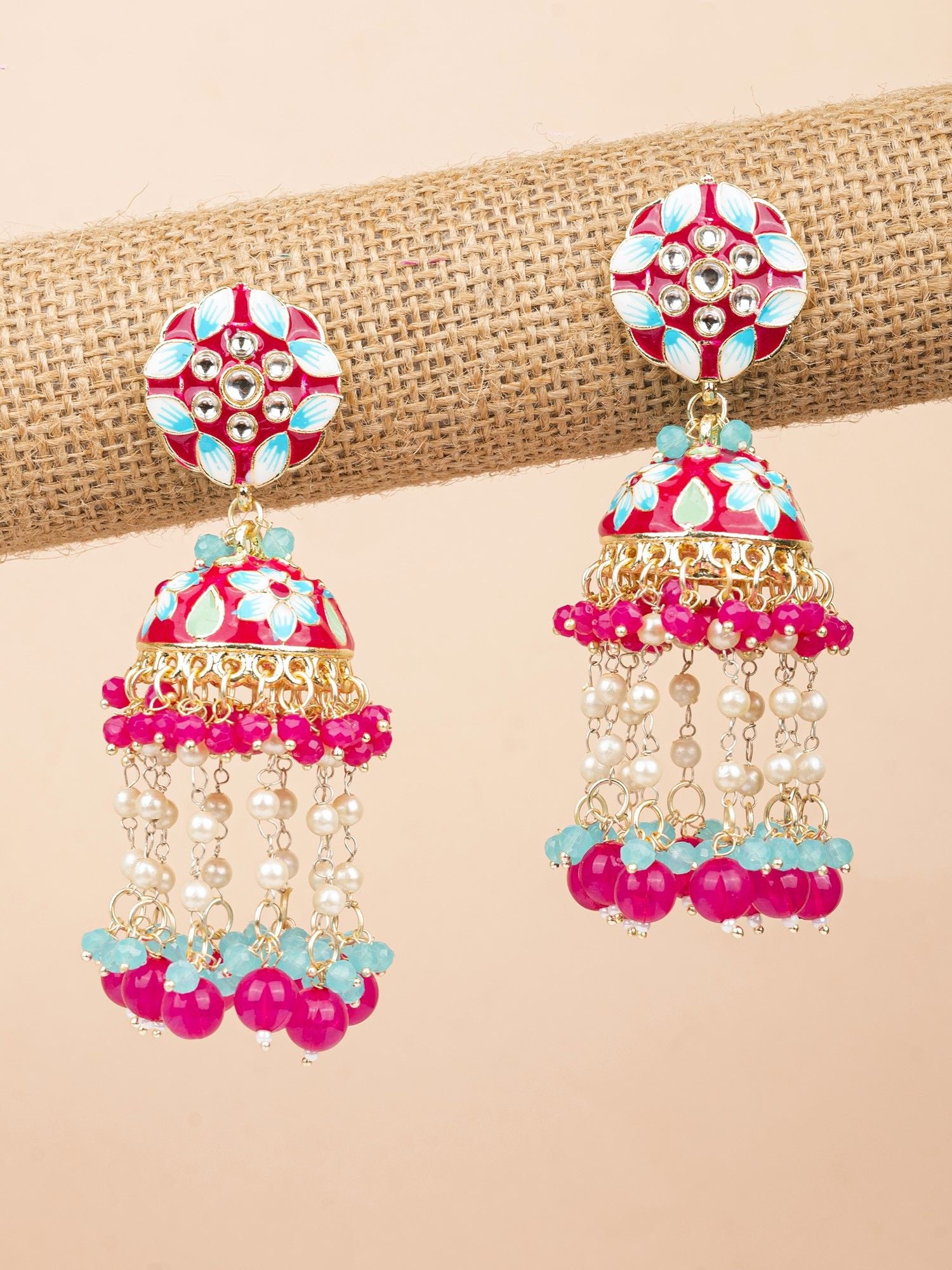 Hot Pink/Magenta Floral Meenakari Jhumka Earrings for Her