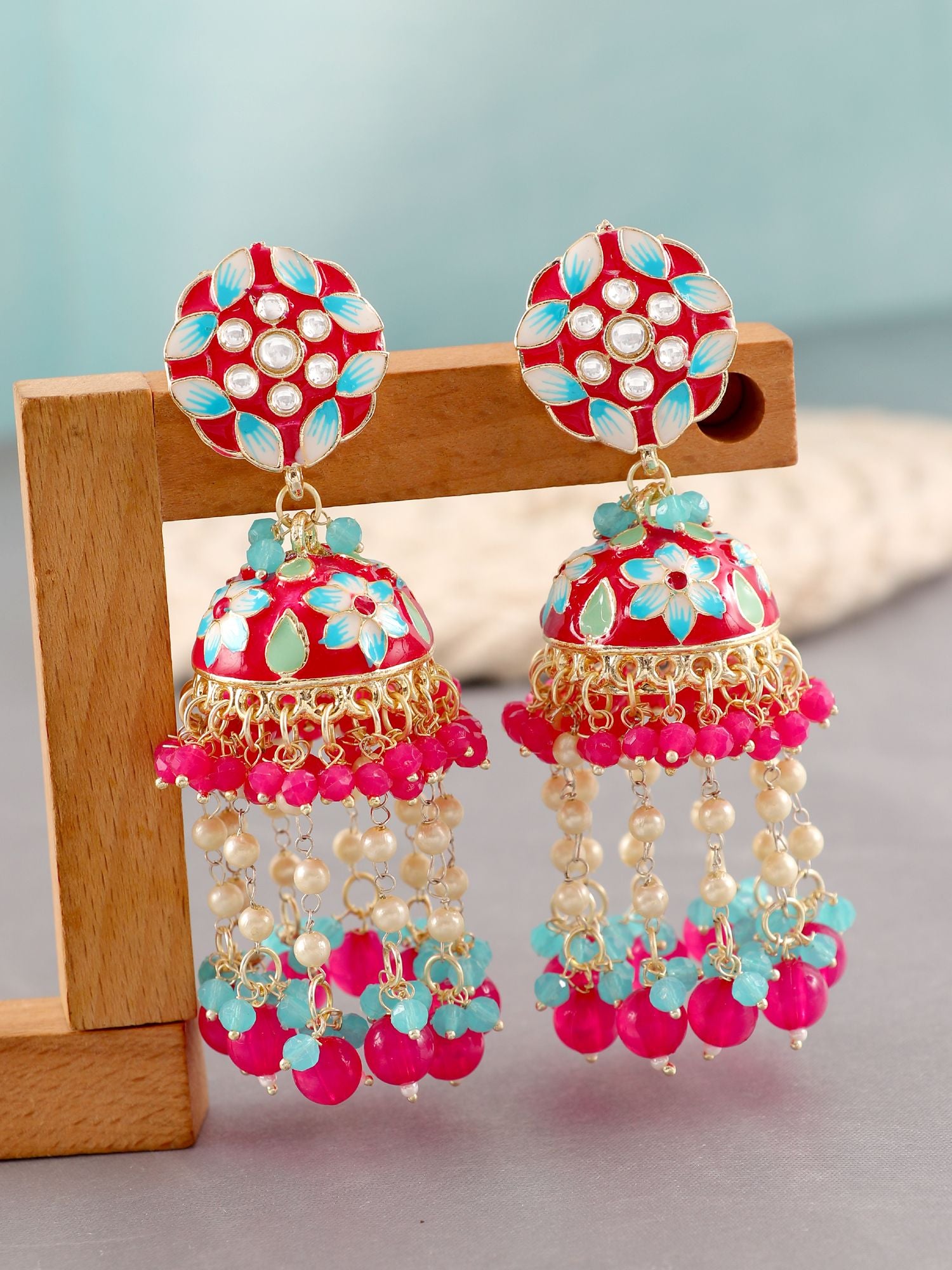 Hot Pink/Magenta Floral Meenakari Jhumka Earrings for Her