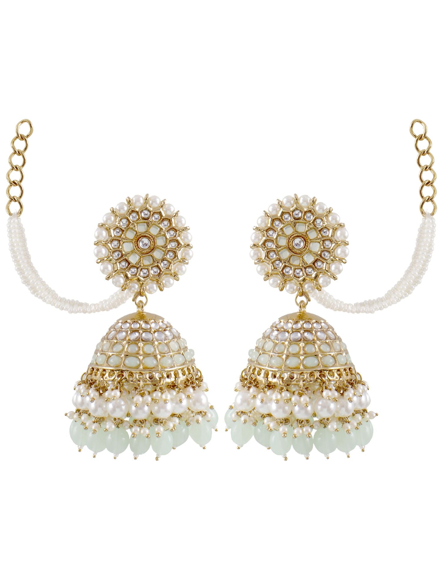 Mint Green Stylish Long Jhumka Earrings with Ear Chain
