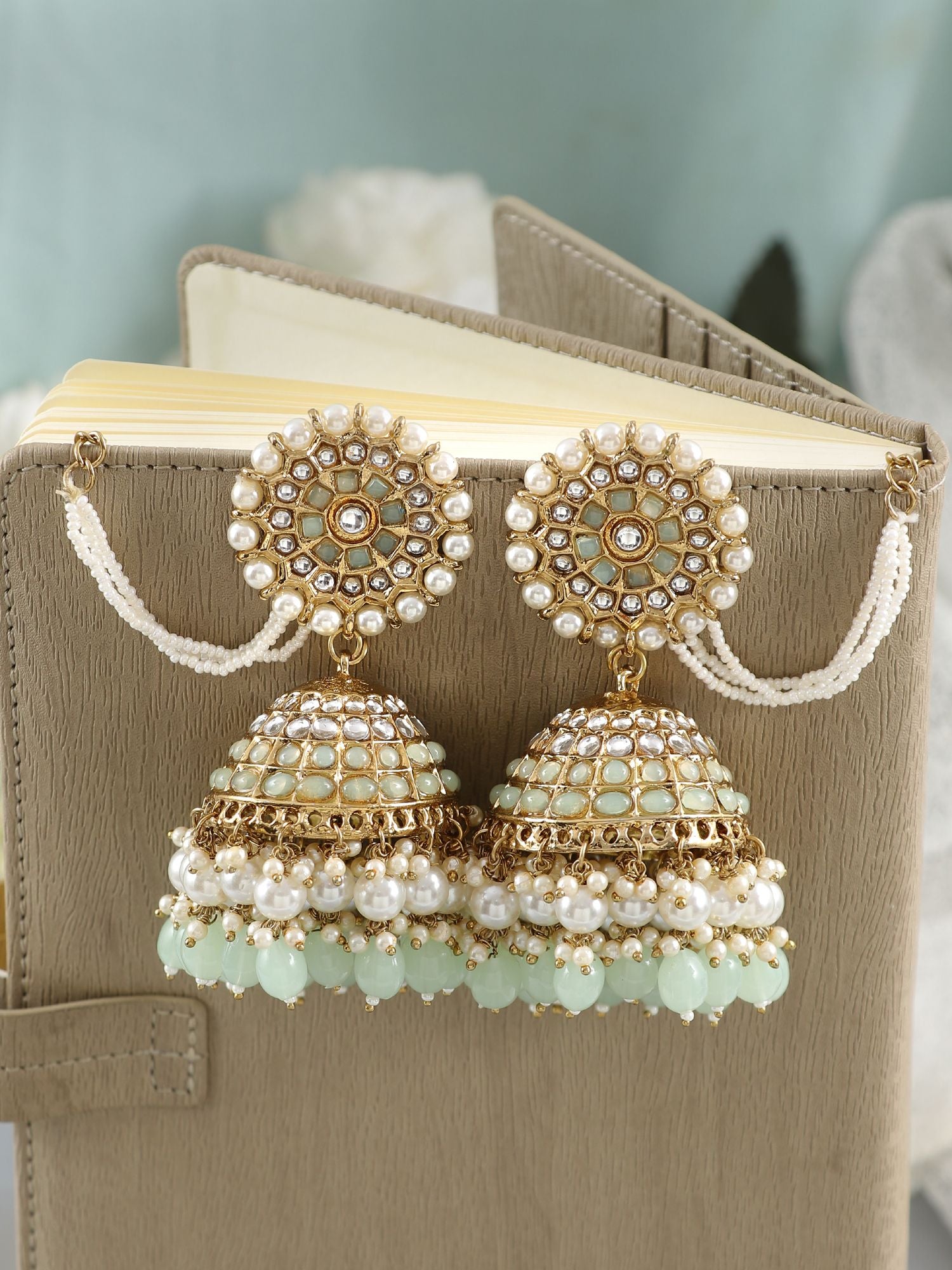 Mint Green Stylish Long Jhumka Earrings with Ear Chain