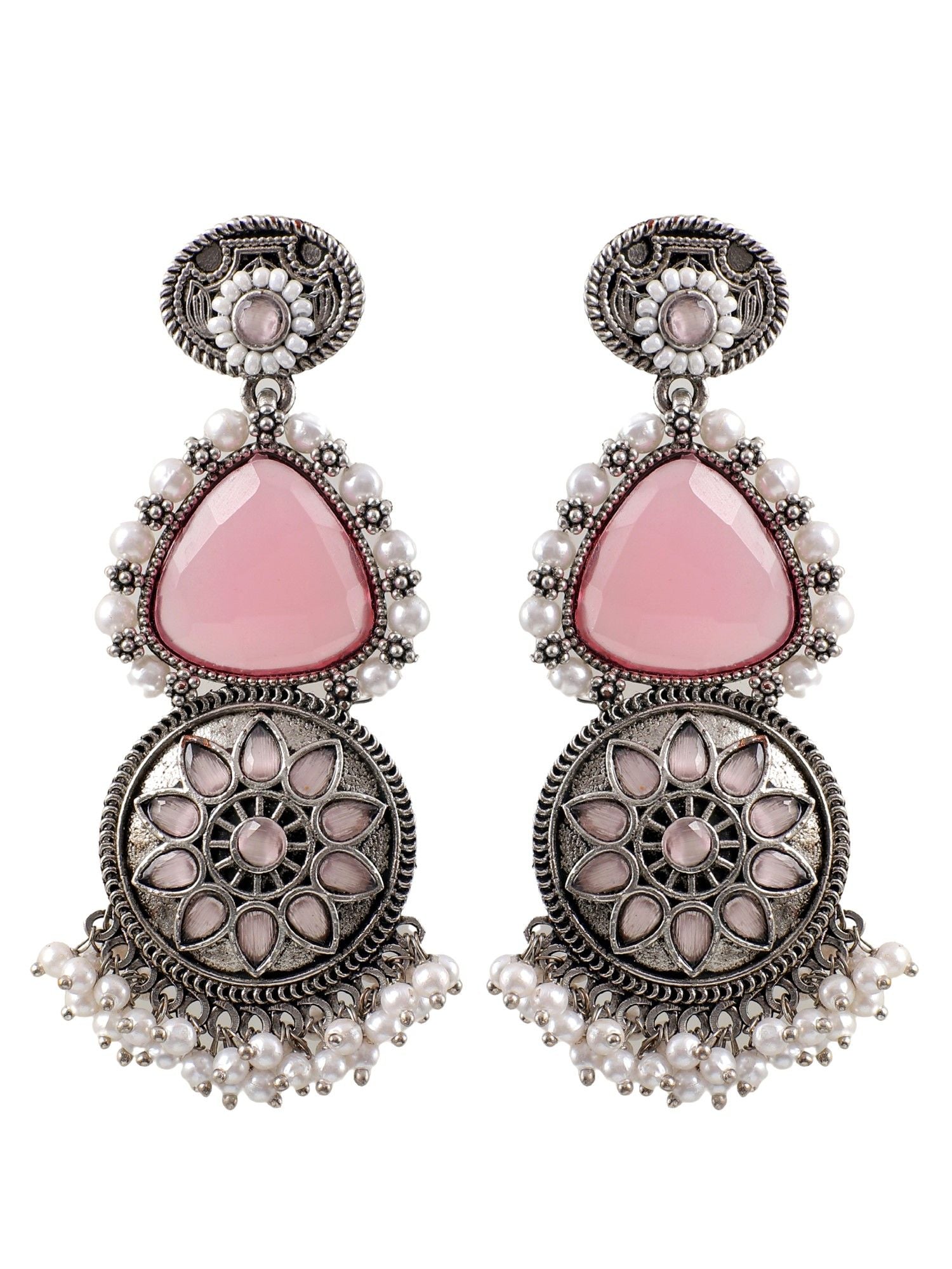 Pink Stone Studded Oxidised Silver Earrings for Girls
