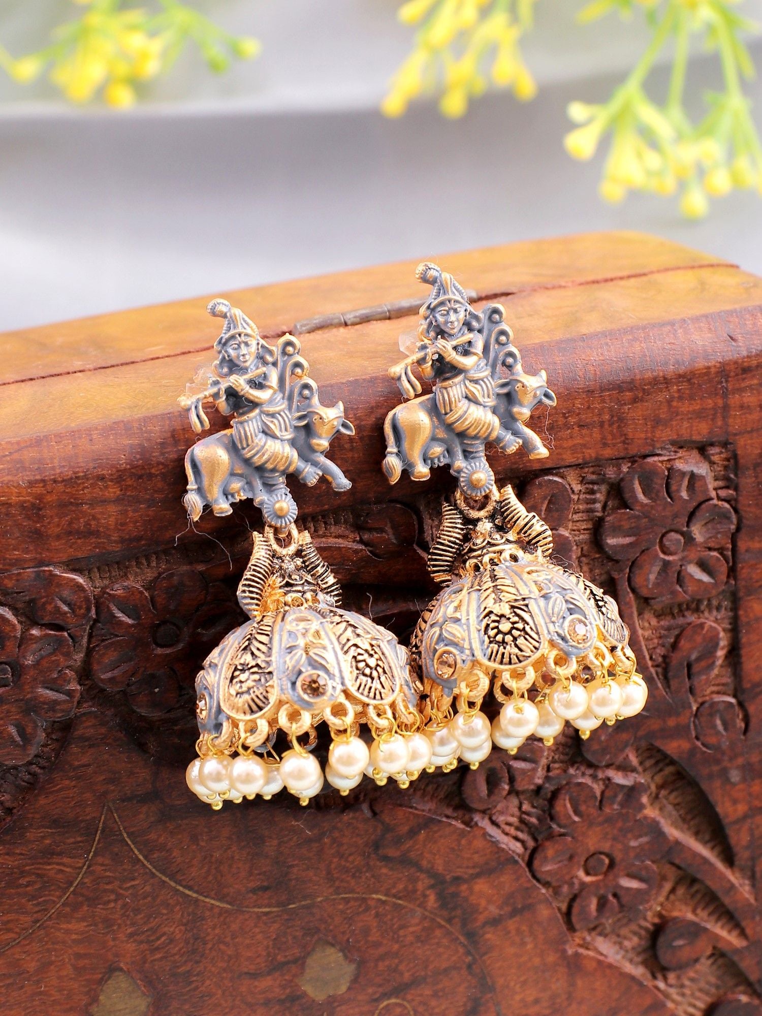 Antique Gold Plated Grey Drops Krishna Jhumka Earrings for Women & Girls