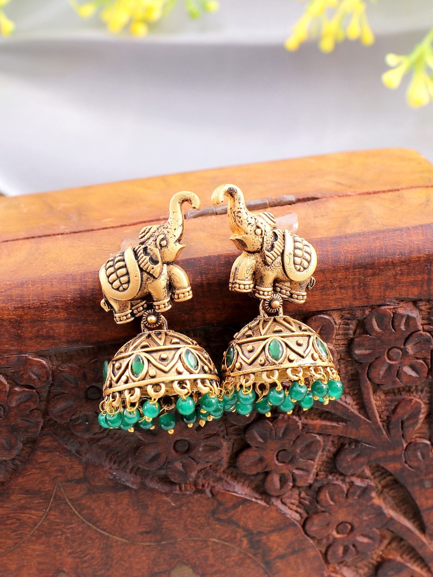 Antique Gold-Plated Green Elephant Jhumka Earrings for Women