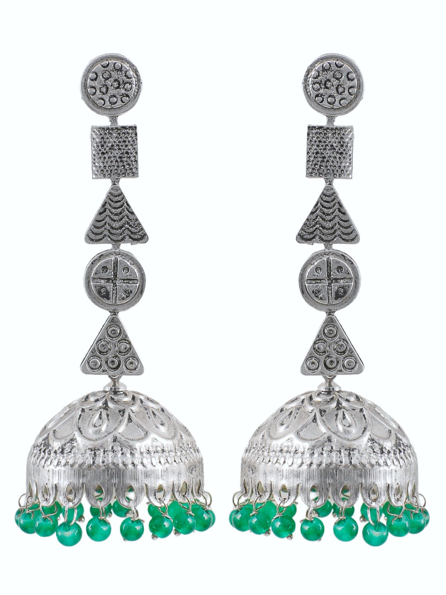 Boho-Kissed Antique Oxidised Silver Pearl Jhumkas with Green Drops for Chic Feminine Flair