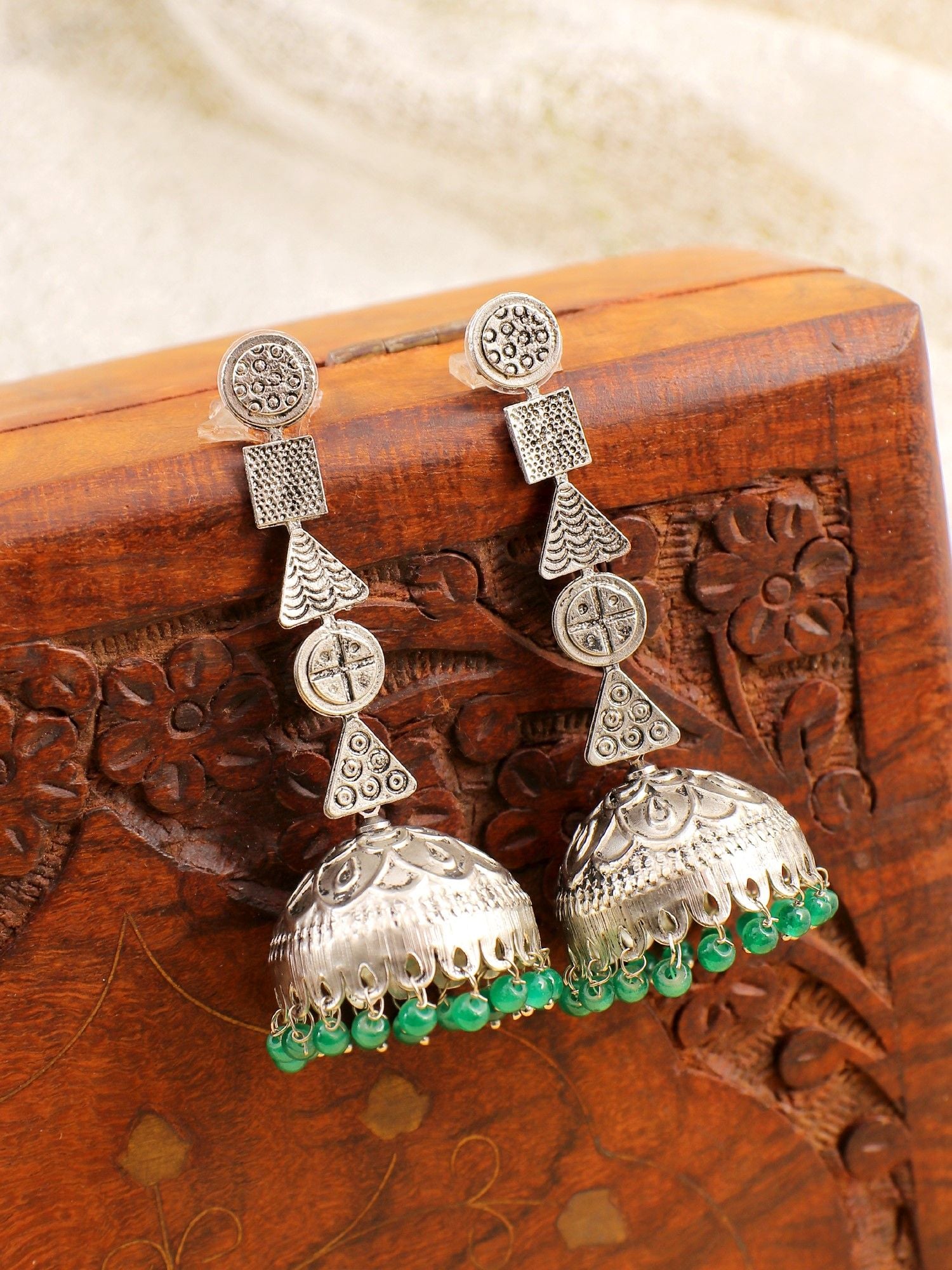 Boho-Kissed Antique Oxidised Silver Pearl Jhumkas with Green Drops for Chic Feminine Flair