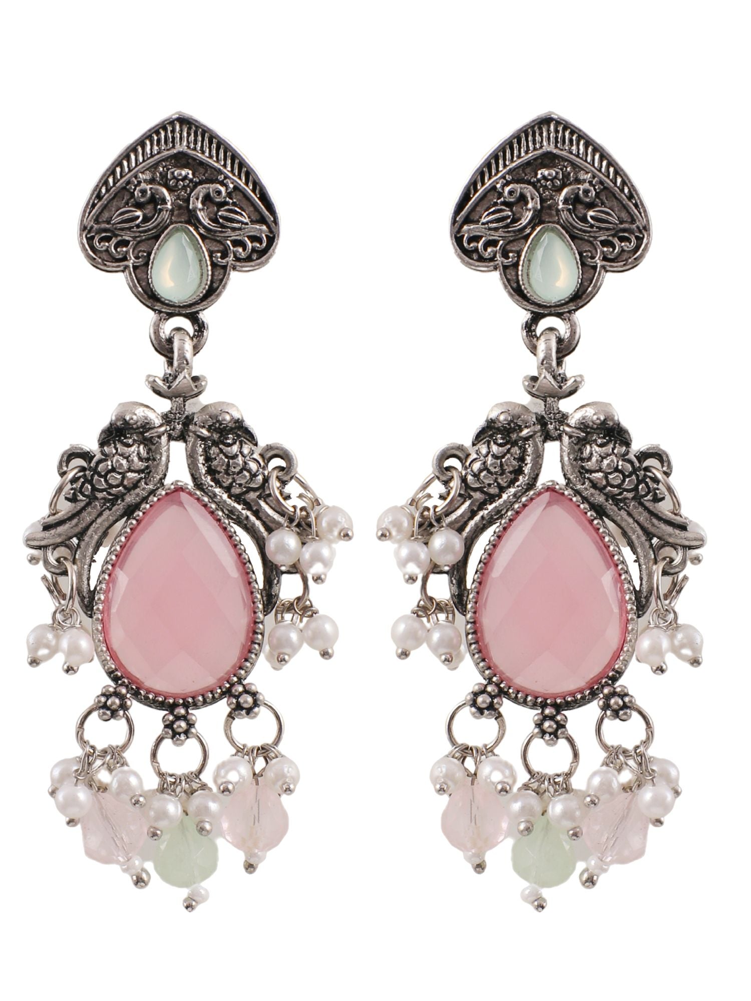 Pink & Green Joyful Baubles: Oxidized Silver Drop Earrings Studded with Beads