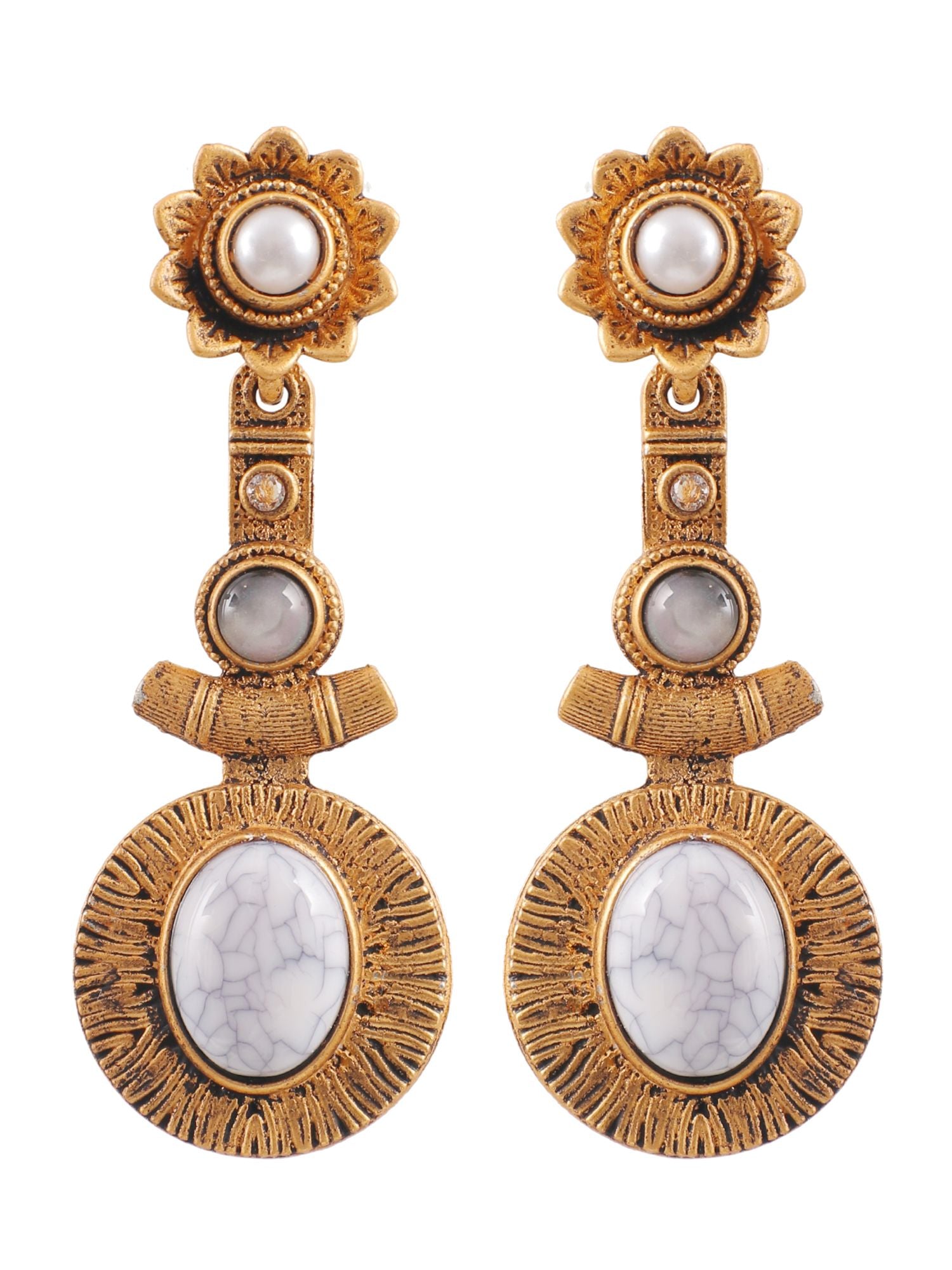 Chic Ornate Oxidized Gold Drop Earrings with Natural Stones for Fashion Forward Women