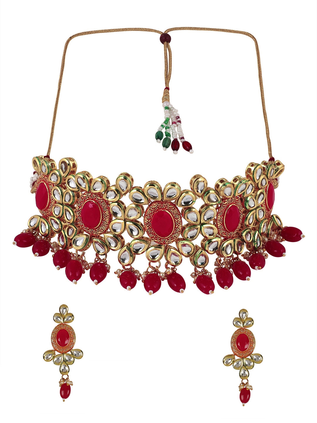 Regal Radiance: Gold-Plated Kundan Jewellery Set with Red-Meena Accents