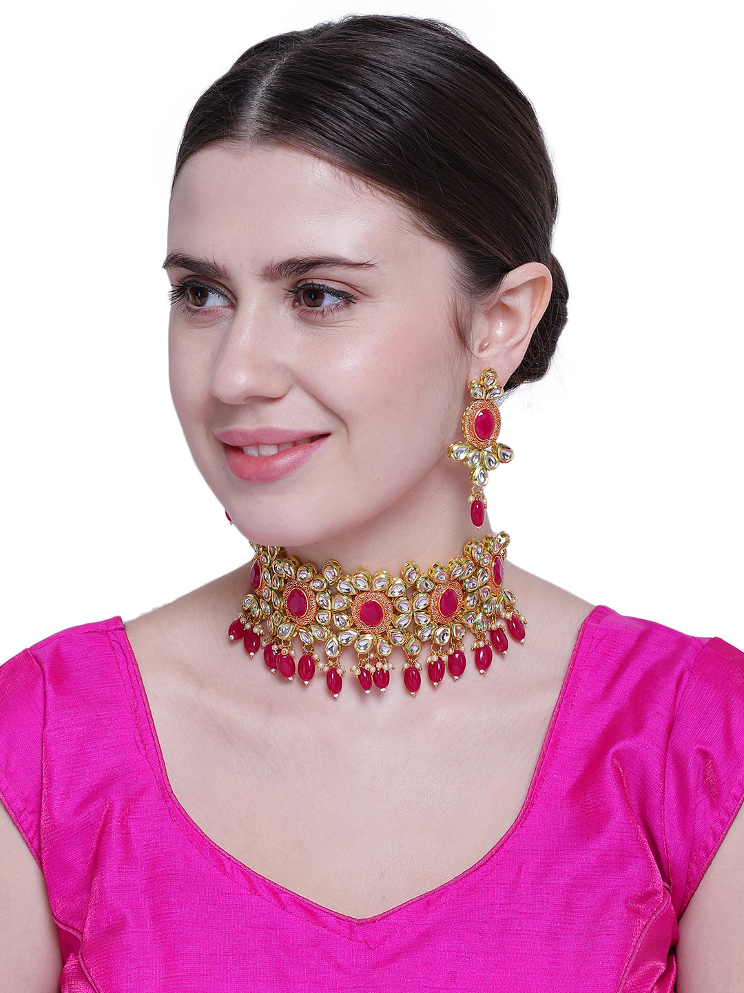 Regal Radiance: Gold-Plated Kundan Jewellery Set with Red-Meena Accents
