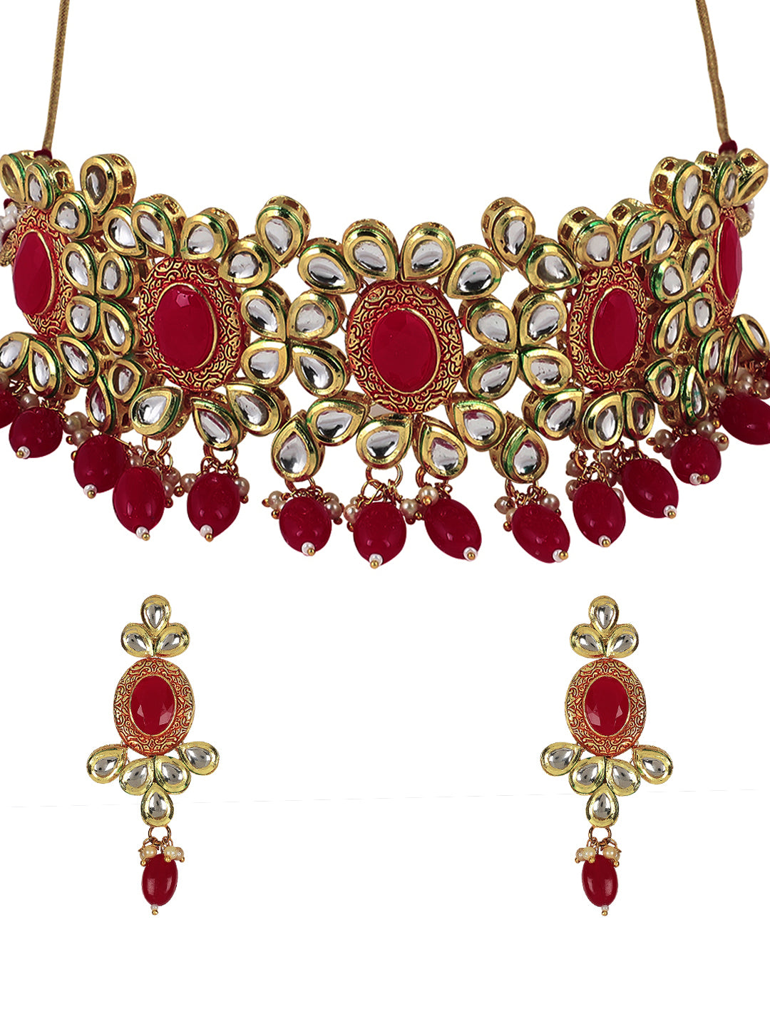 Regal Radiance: Gold-Plated Kundan Jewellery Set with Red-Meena Accents
