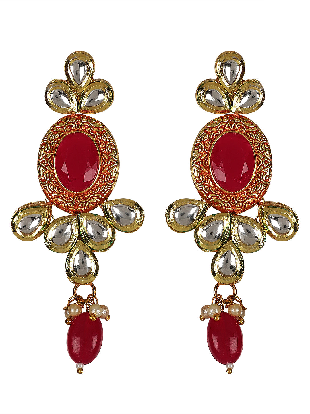 Regal Radiance: Gold-Plated Kundan Jewellery Set with Red-Meena Accents