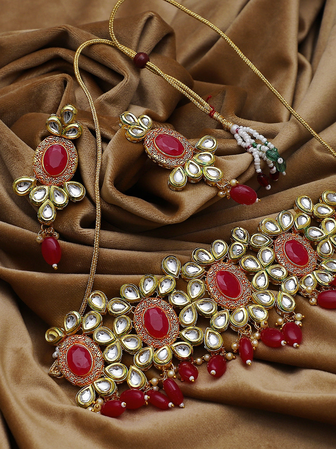 Regal Radiance: Gold-Plated Kundan Jewellery Set with Red-Meena Accents