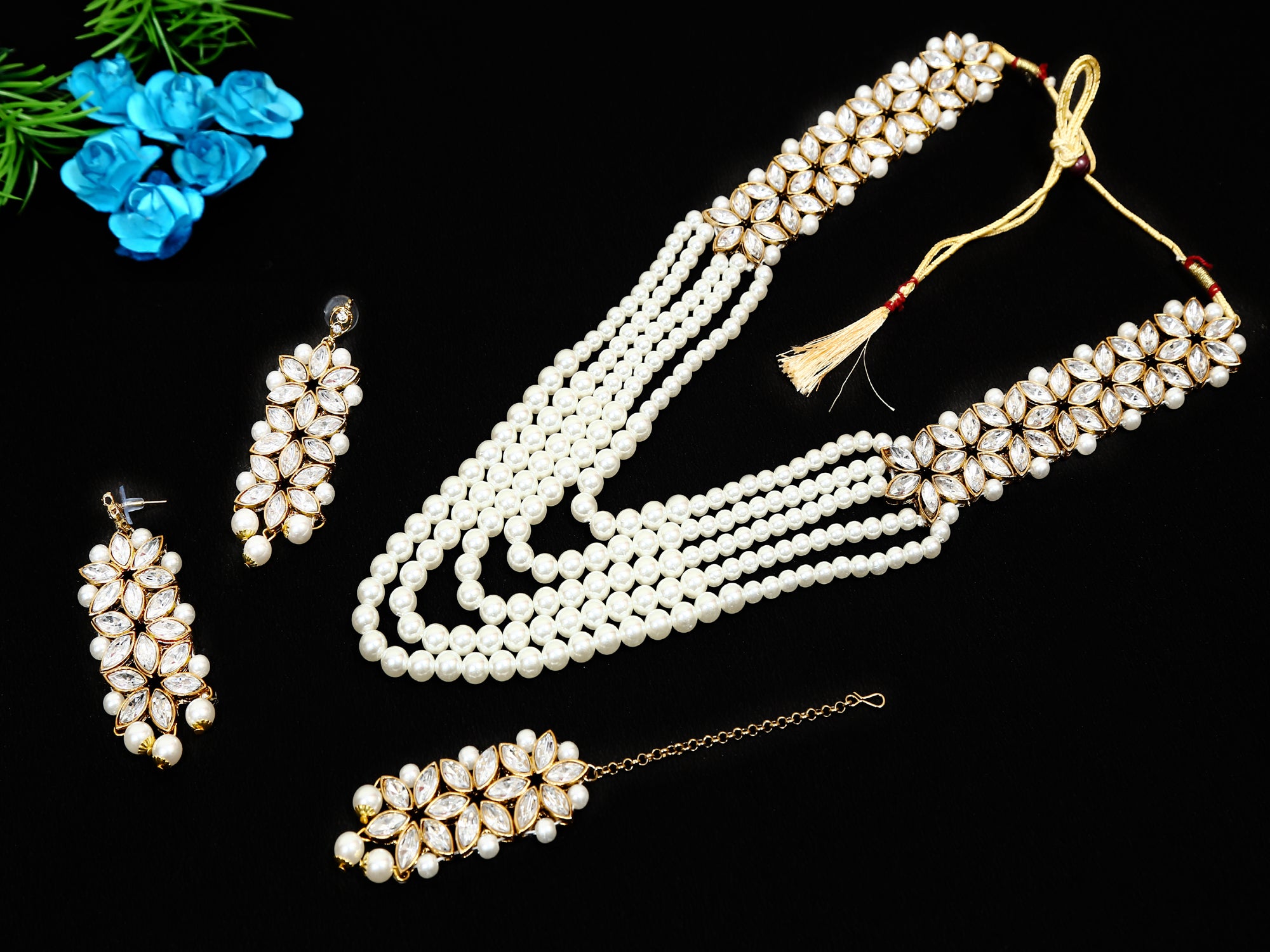 Multi Layers White Pearls Long Necklace Set