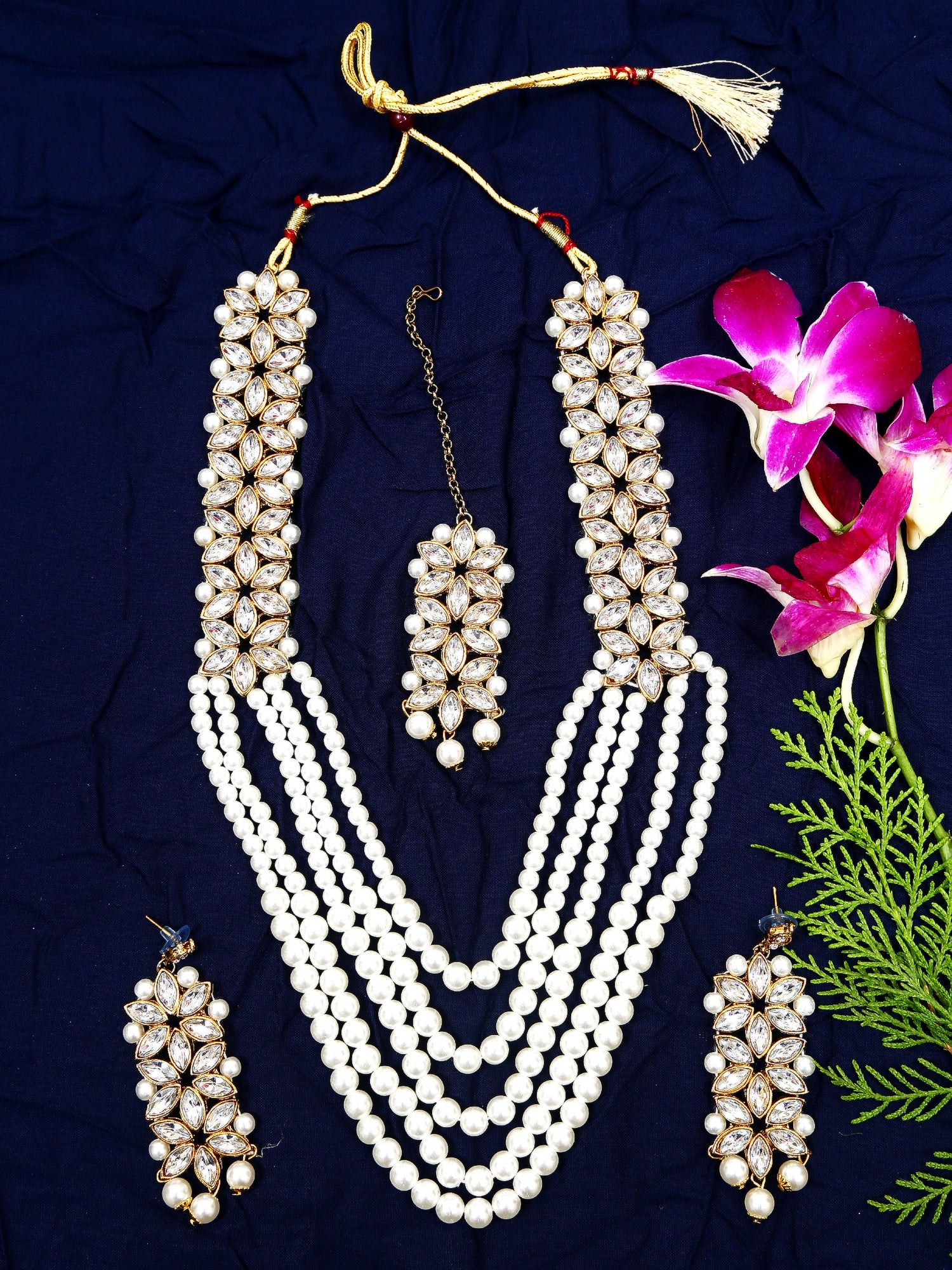 Multi Layers White Pearls Long Necklace Set