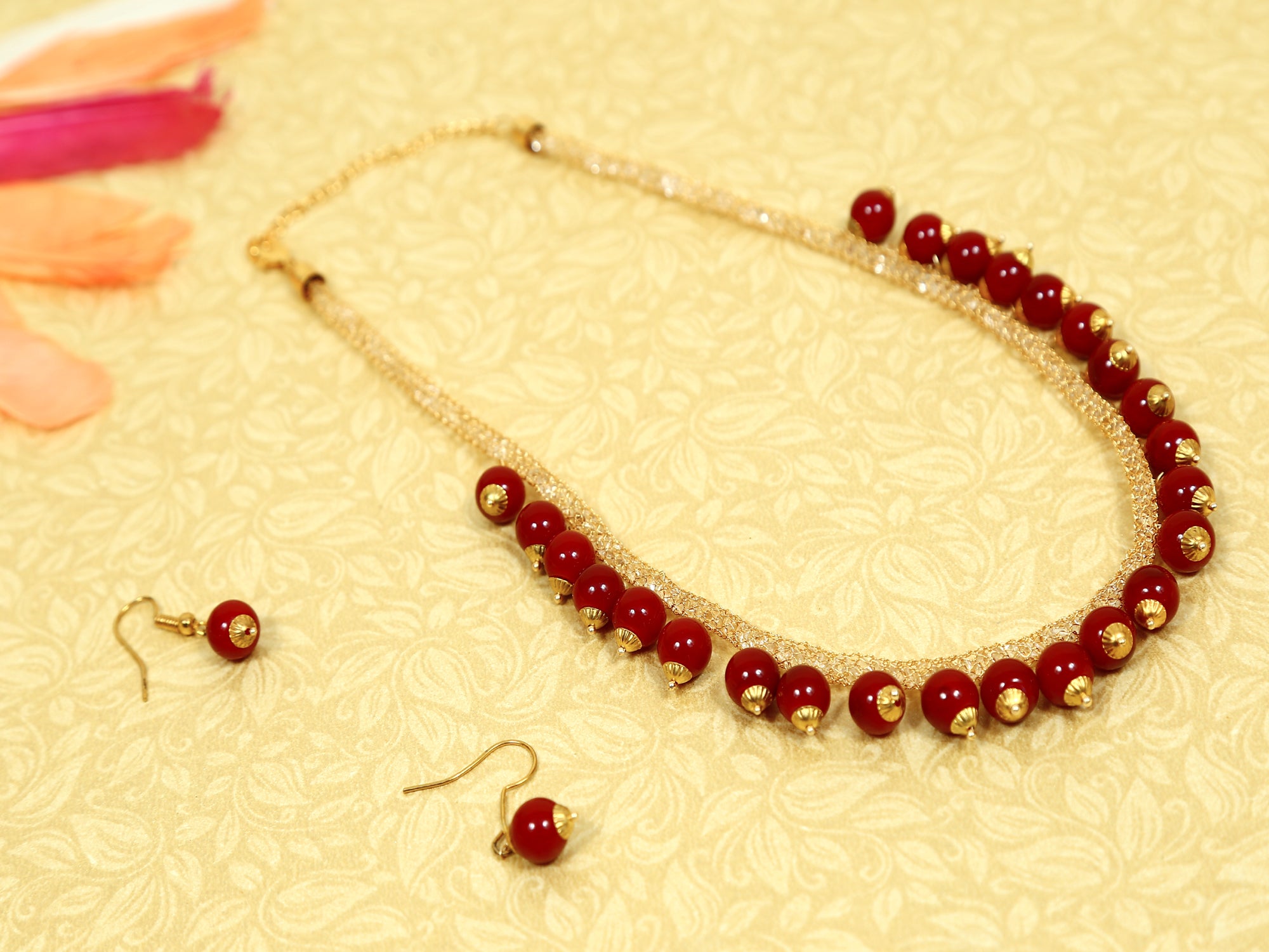 Traditional Maroon Pearls Necklace  With Earrings
