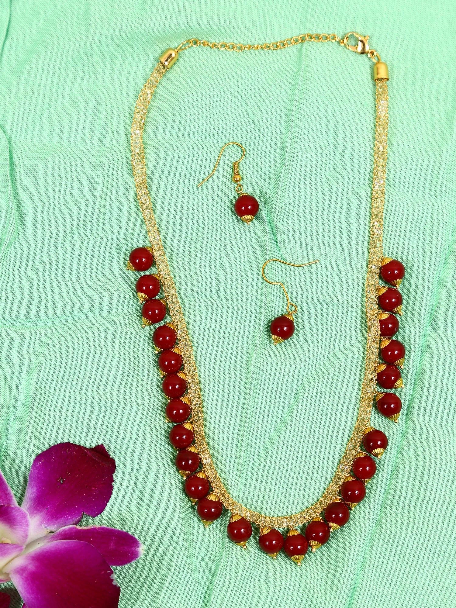 Traditional Maroon Pearls Necklace  With Earrings