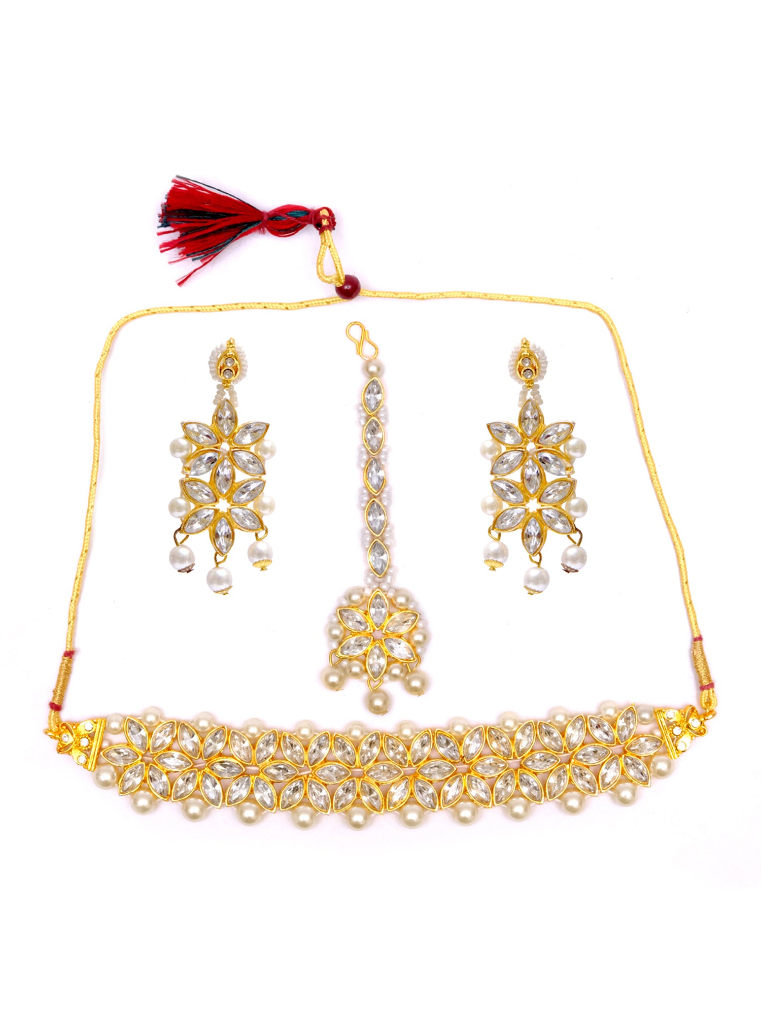 Traditional Gold Plated White Kundan Choker Set With Maangtika