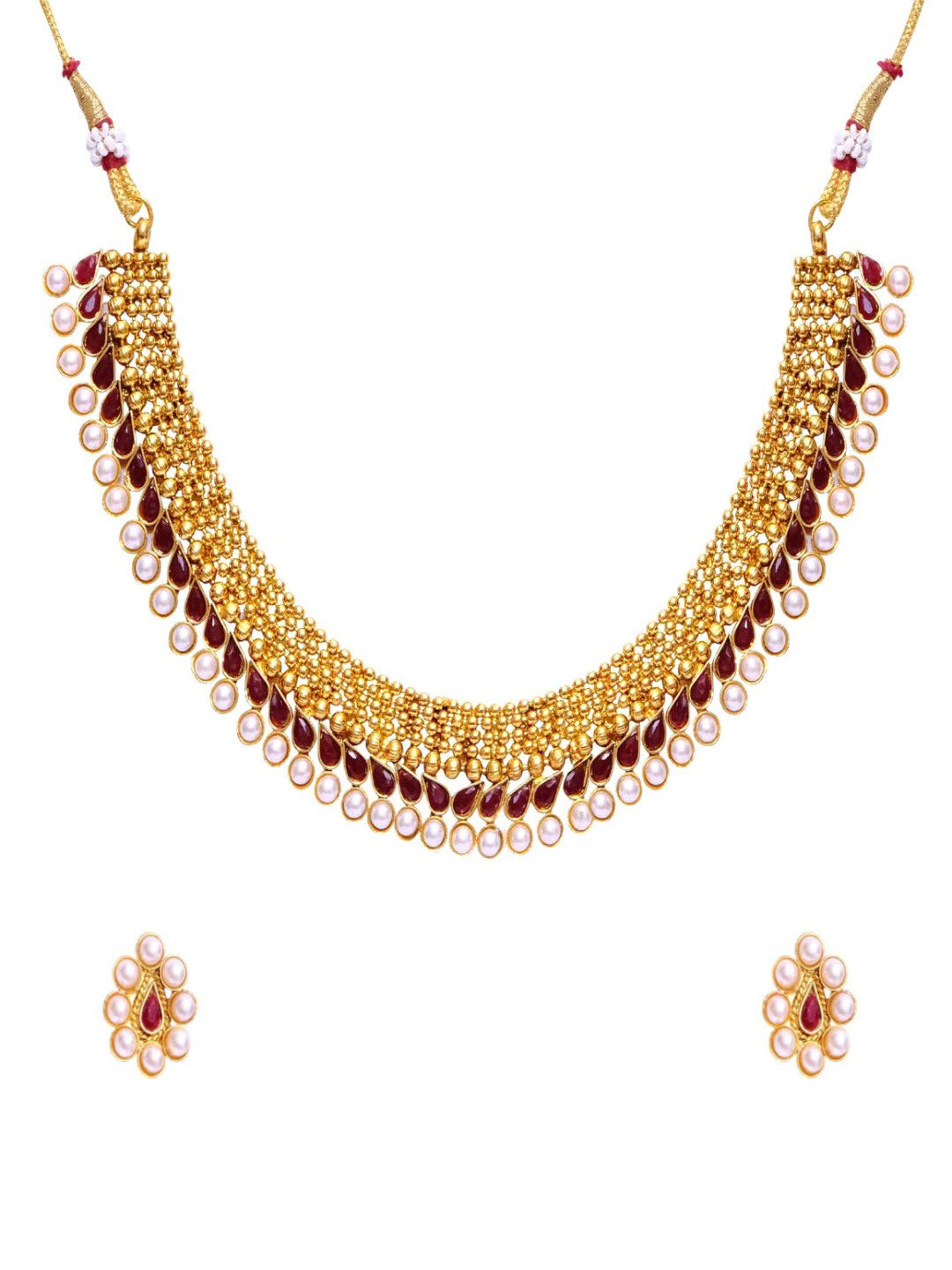 Traditional Gold Plated Maroon Kundan Necklace with Stud Earrings RAS0171