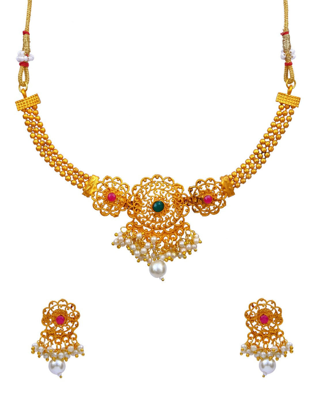 Traditional Indian Gold plated White Pearl Round Floral Chokar Necklace With Earring Set RAS0194